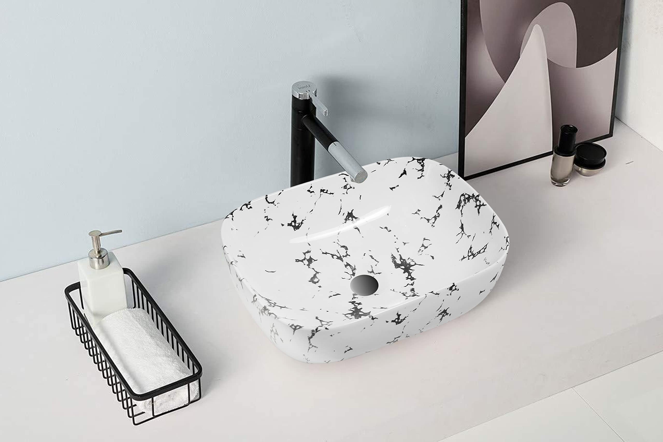 REMOTION Designer Glossy Finish Table Top Ceramic Wash Basin Vessel Sink with Slim Rim |Collapsible Wash Basin | Vessel Sinks For Bathrooms (White-Black Wash Basin, 18 x 13 x 5.5 Inch) (B0BH52SD2V) Amazon Price History, Amazon Price Tracker