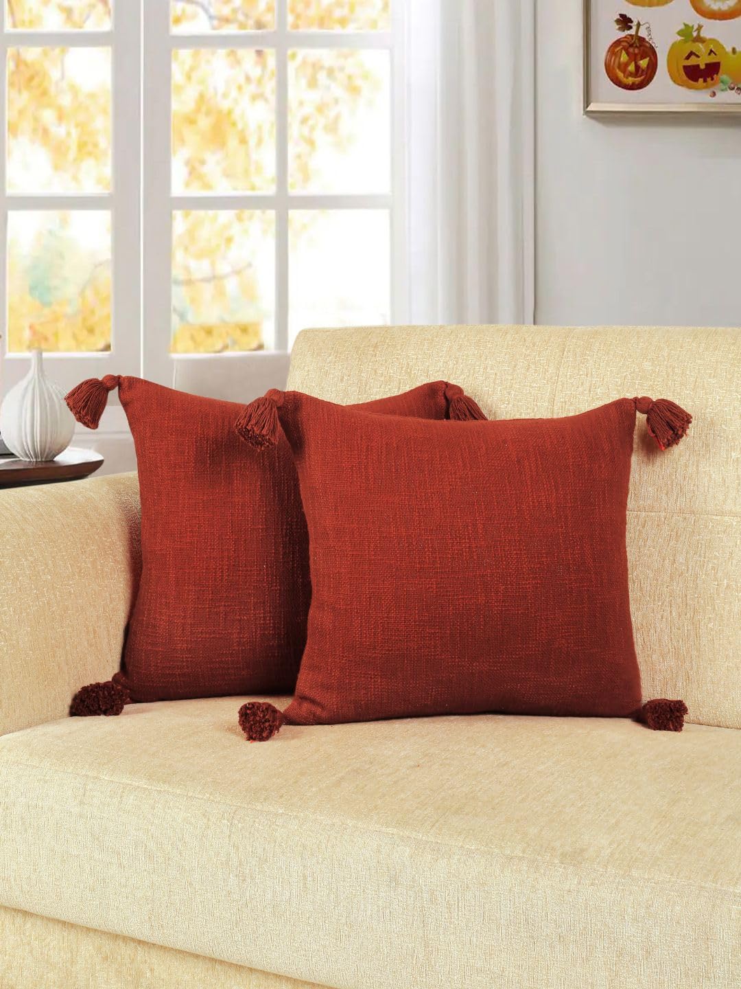 HOMADORN Luxury Cotton Handmade Decorative Boho Throw Pillow Covers with Tassels for Sofa Couch Living Room Indoor Outdoor Chair Car Farmhouse (16X16 INCHES (Square), Rust (Pack of 2))-image-17