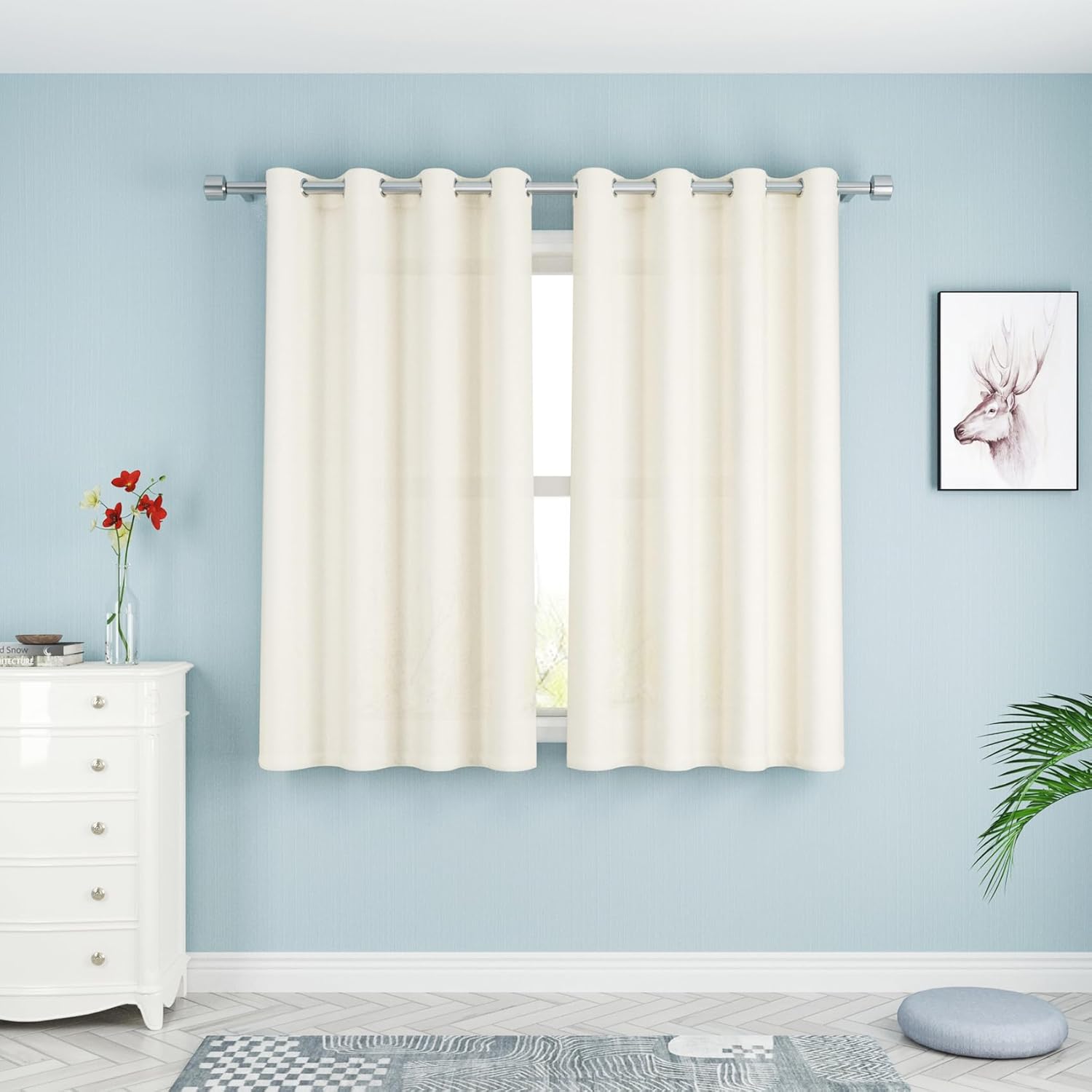 Ivory Curtains Kitchen Privacy Semi Sheer 45 inch Long Linen Textured Living Room Bedroom Drapes Window Curtains Basement Curtain Panels Grommet Top 2 Pieces 52"W x 45"L Ivory