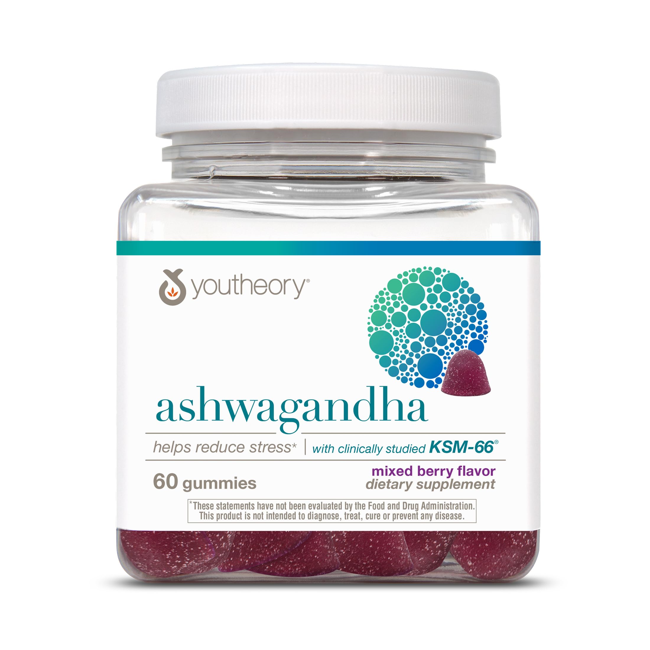Youtheory Ashwagandha Gummy Made with Cane Sugar, Mixed Berry, 60 Gummies