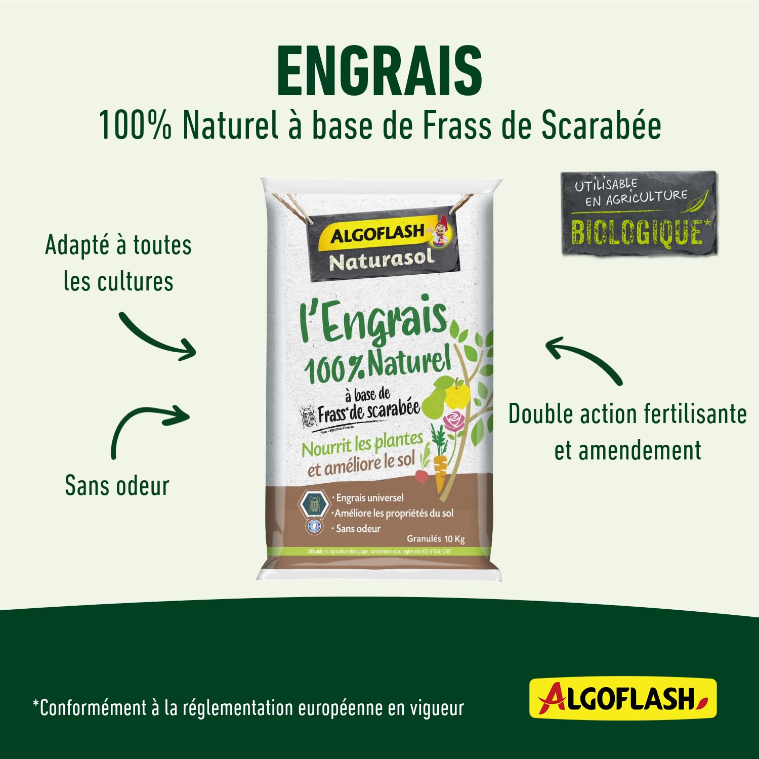 ALGOFLASH NATURASOL Engrais 100% Naturel à Base de Frass de Scarabée, 10 Kg, UAB*, ABIOFRAS10