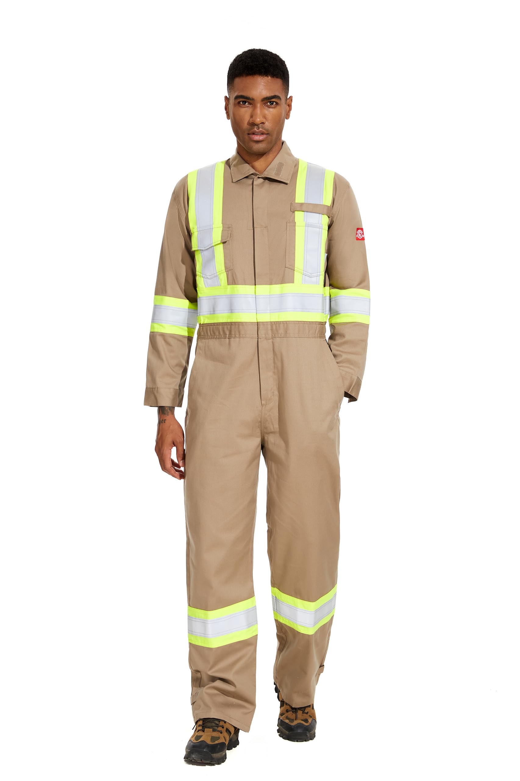 Work IDEA Flame Resistant FR Coverall Men's High Visibility Hi Vis Coverall Reflective Action Back Jumpsuit with Muti Pockets