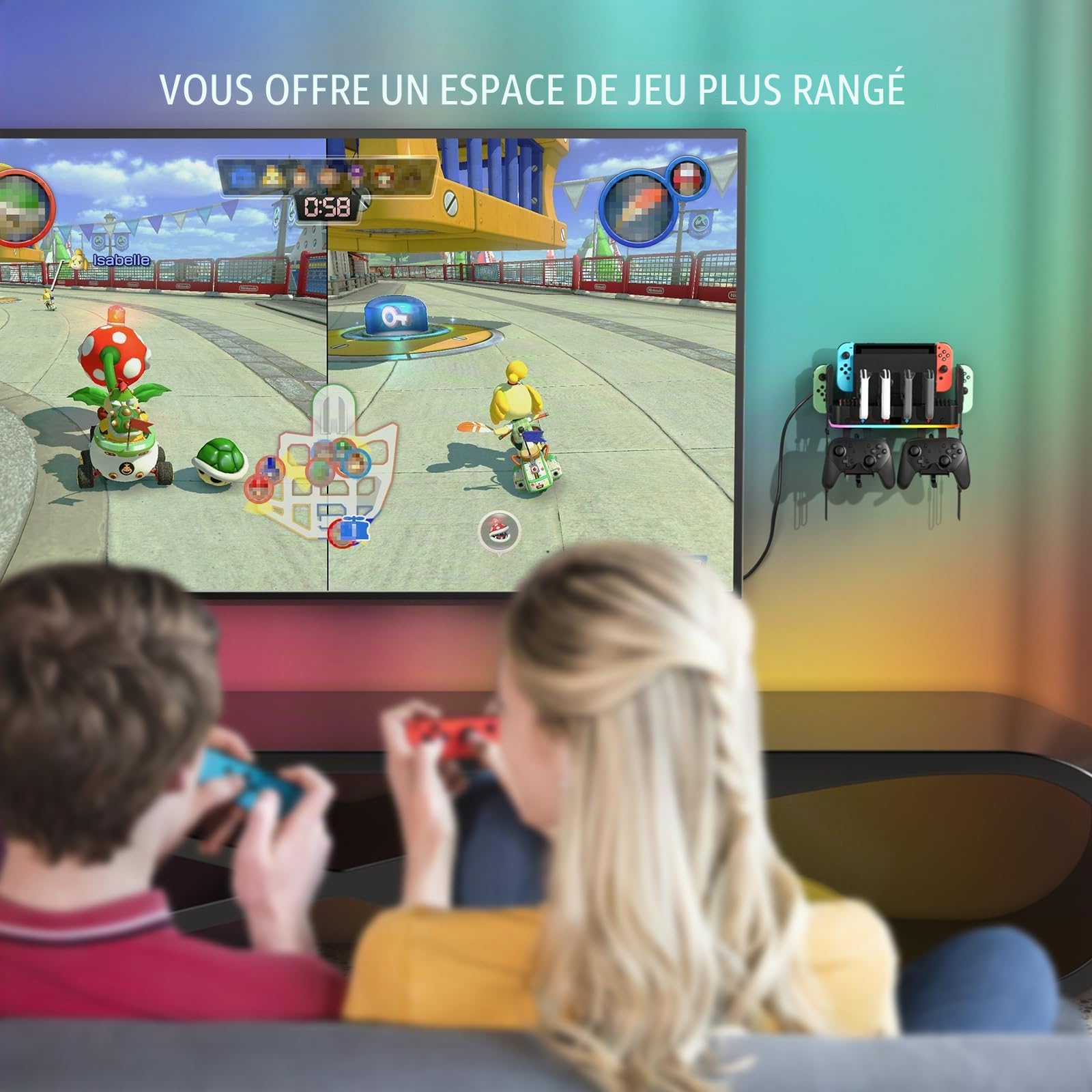 FASTSNAIL LED Support Mural pour Nintendo Switch/OLED&Joycon,Chargeur pour Switch Console et Manette,avec 15 Modes d'éclairage et 4 Ports USB, 2 Crochets