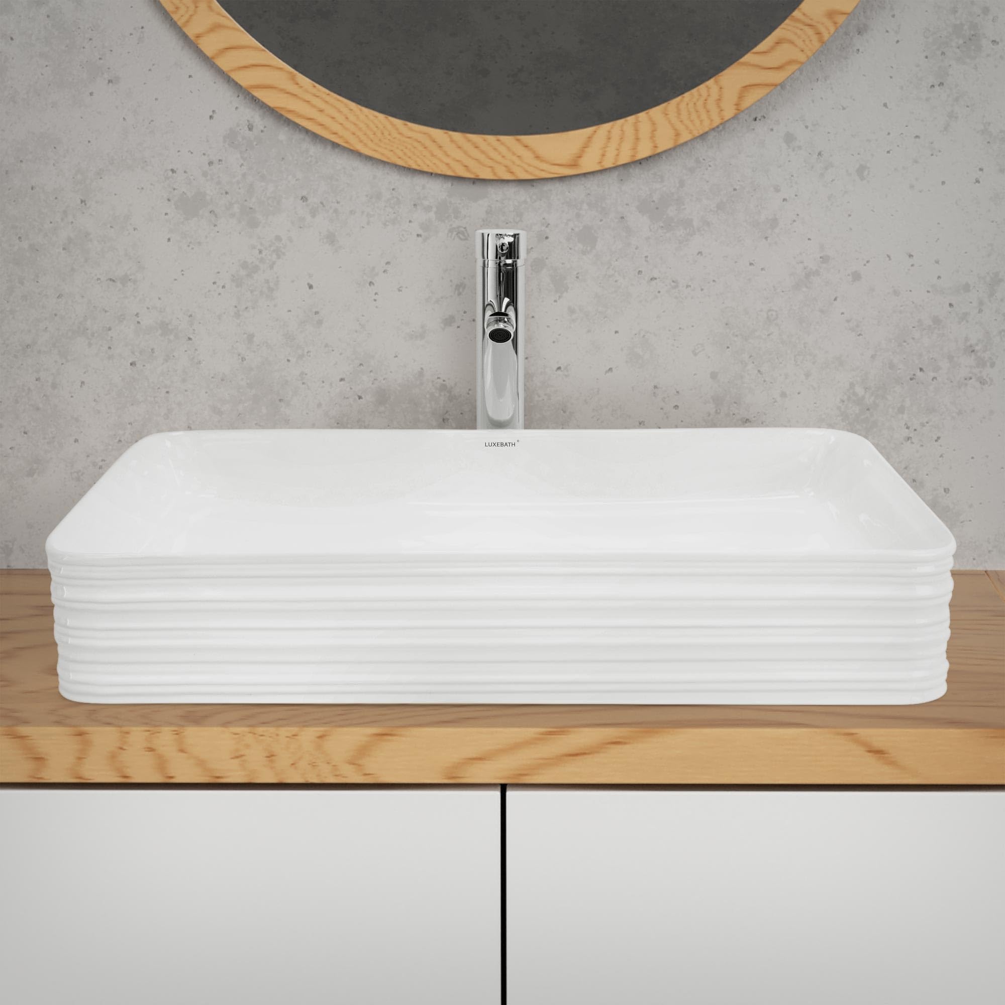 ML-Design Lavabo de Cerámica Blanco Brillante 68 x 38 x 12 cm Fregadero Rectangular de Pared o Sobre Encimera Pila de Diseño Moderno Lavamanos para Mueble de Baño Aseo con Agujero para Grifo y Desagüe