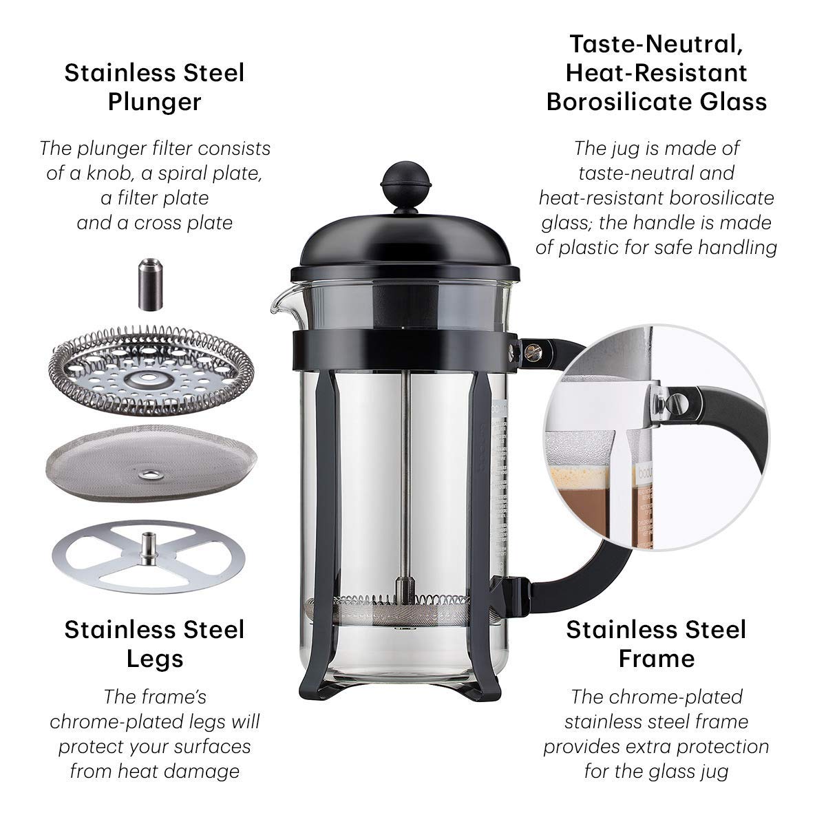 Bodum Chambord Kaffeebereiter 8 Tassen mit Metallrahmen, Chrom, Schwarz, 10.6 x 17.1 x 24.5 cm, 1 Einheiten