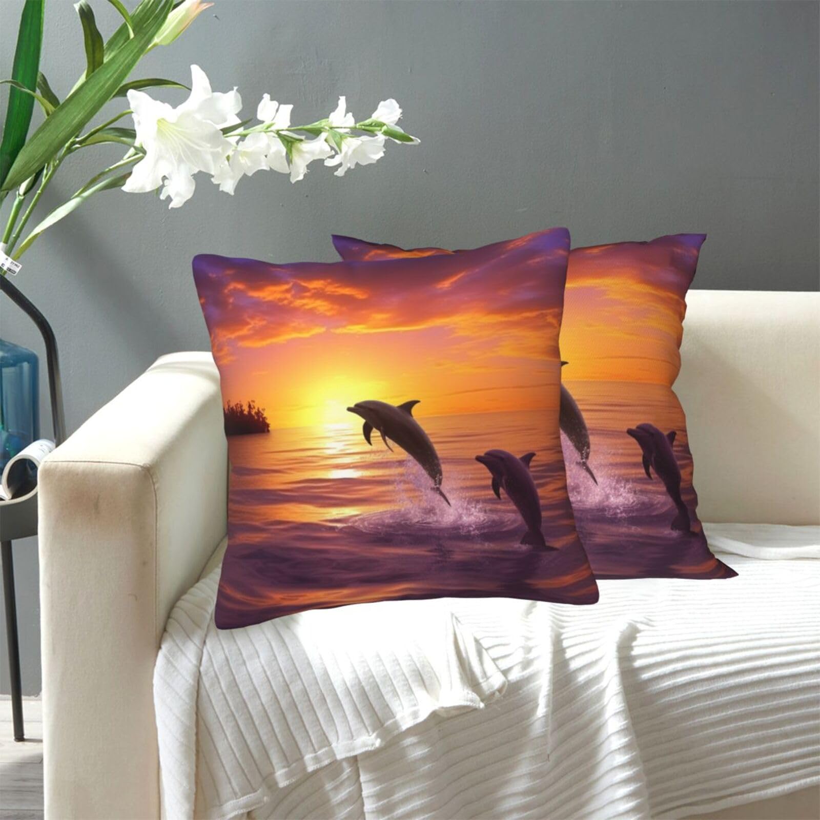 FekiLoot Decorative Throw Pillow Covers Modern Farmhouse Pillowcase Double Sided Cozy Cushion Cover for Sofa Couch Bed 16"X16" Sunset Dolphins