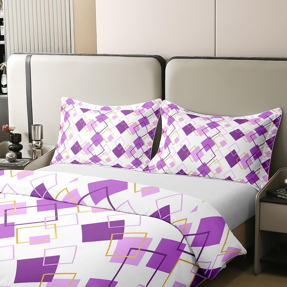 Homewish Fioletowy abstrakcyjny super king zestaw pościeli nowoczesny minimalistyczny geometryczny bawełna poszewka na kołdrę złota kwadratowa poszewka na kołdrę prosta współczesna estetyczna pościel