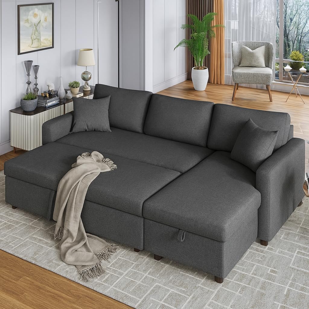 Karnak Diwan 3 Seater Sofa Bed with Free Cushions | L-Shaped Storage Space | Modern Convertible Sofa Cum Bed | Bed Sofa for Living Room & Bedroom Furniture (Grey)