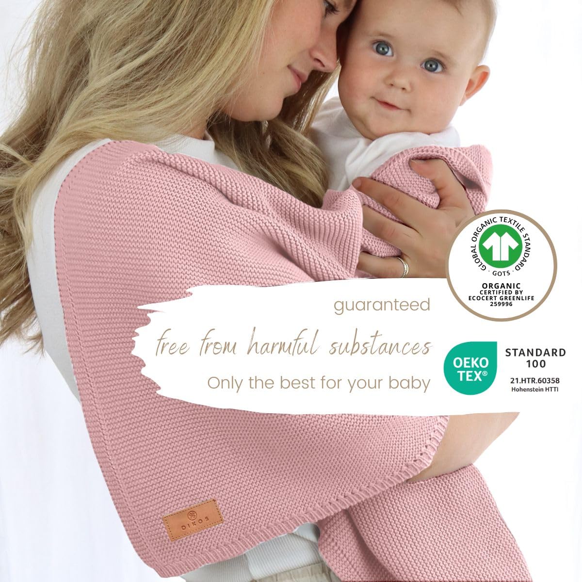 DIKOS Baby Blanket Made of 100% GOTS Organic Cotton Pink 4 Seasons Newborn Cotton Blanket Soft Knitted Blanket Cuddly Blanket Baby Girl First Equipment Baby Gift for Birth - Image 3