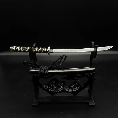 Miniatura 6 de Soporte de exhibición de espada, soporte de madera Katana de 2 niveles, diseño de paisaje tallado negro, soporte para armas, escaparate elegante