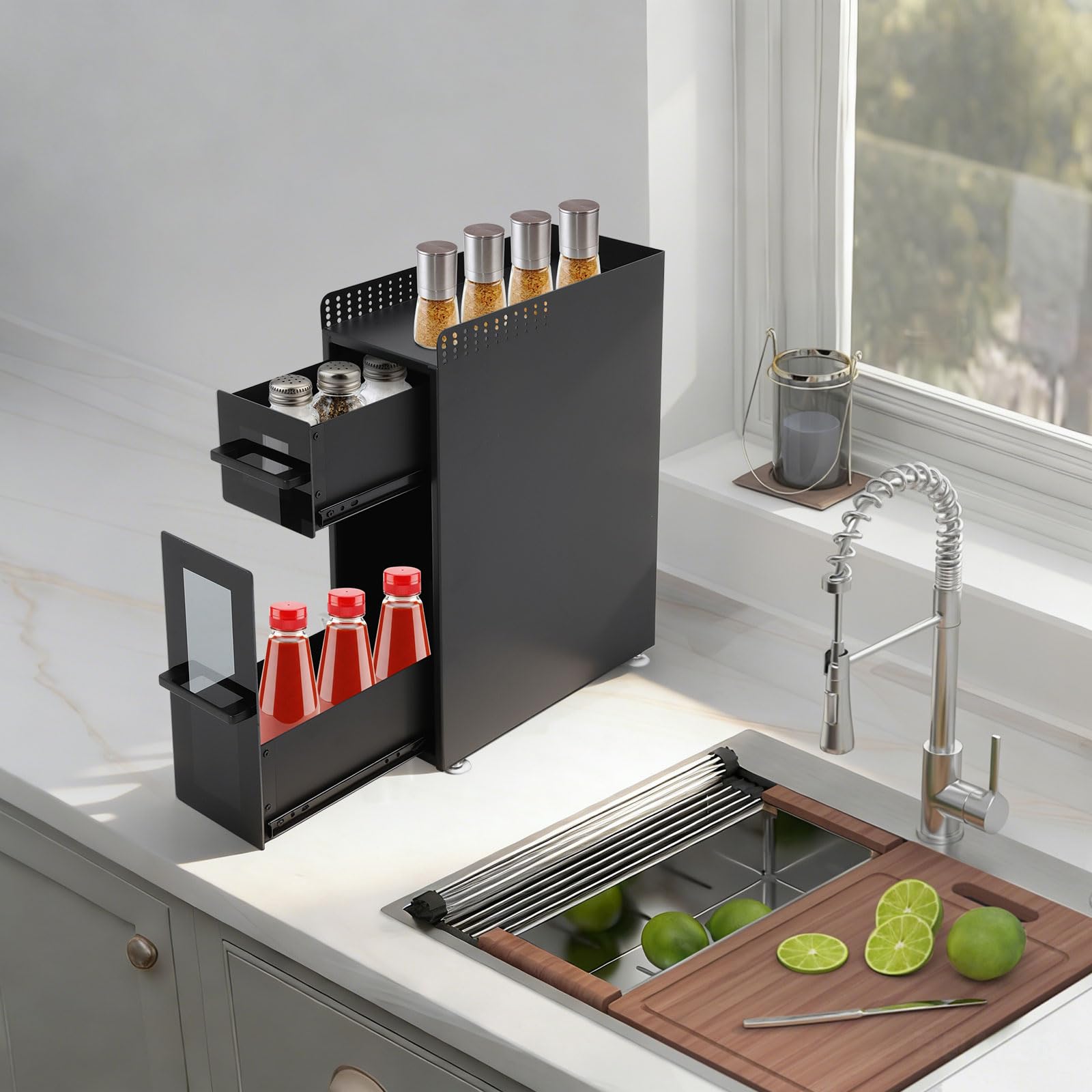 Étagère à épices avec 2 tiroirs, organisateur de cuisine en acier au carbone | Porte-épices à 3 niveaux noir avec crochet pour plan de travail, cuisine, garde-manger