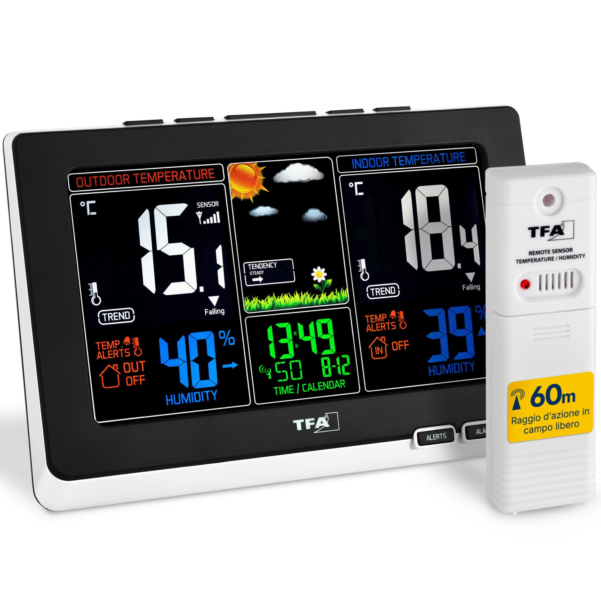 TFA Dostmann stazione meteo con sensore esterno, wireless Spring, 35.1129.01, temperatura e umidità, previsioni del tempo, allarme temperatura, nero