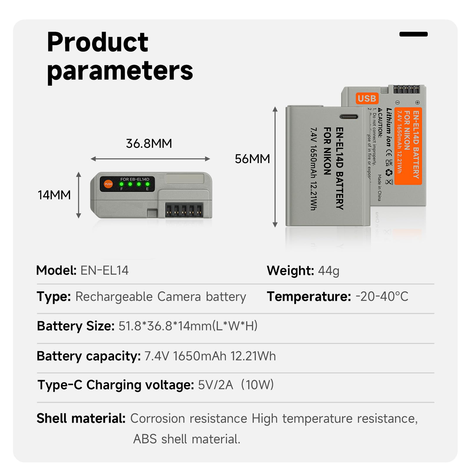 Akumulator ENEL14 1650mAh z kablem USB-C do Nikon D5600 D5100 D5200 D5300 D5500 D3200 D3400 D3500 Coolpix P7100 P7200 P7700 P7800