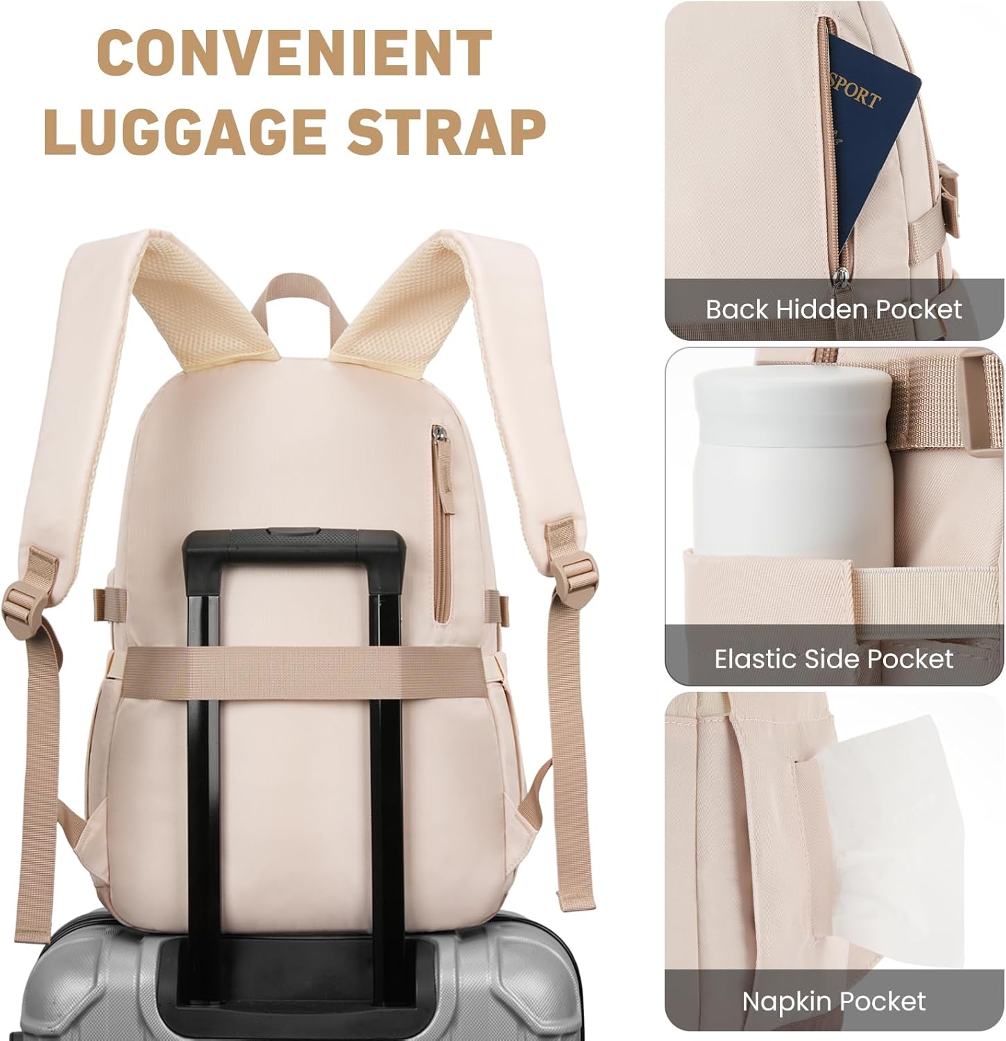 WINDARS Backpack for School Girls, Cute High School Backpacks for Teens Women Student Large Bookbag 15.6 Inch Laptop Bag with USB Charger Port for College Work Travel Trip (Beige Khaki) - Image 5