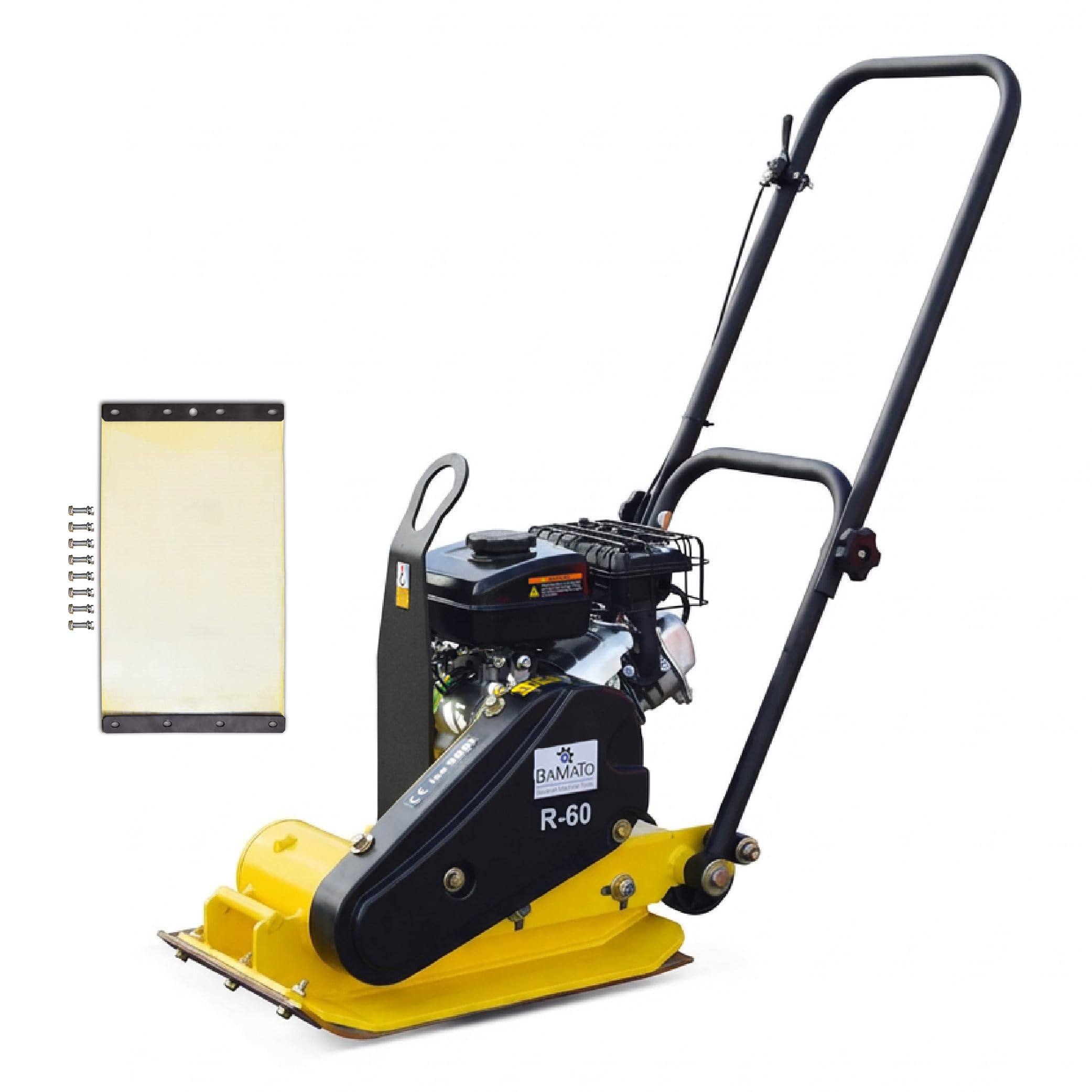 BAMATO Rüttelplatte R-60 Vibrationsplatte Bodenverdichter 8,2kN Rüttler | 8,2 kN Verdichtungsdruck | Inkl. Gummimatte & Zubehör | Integriertes Fahrwerk | Kompakte Platte 430x310mm für Garten