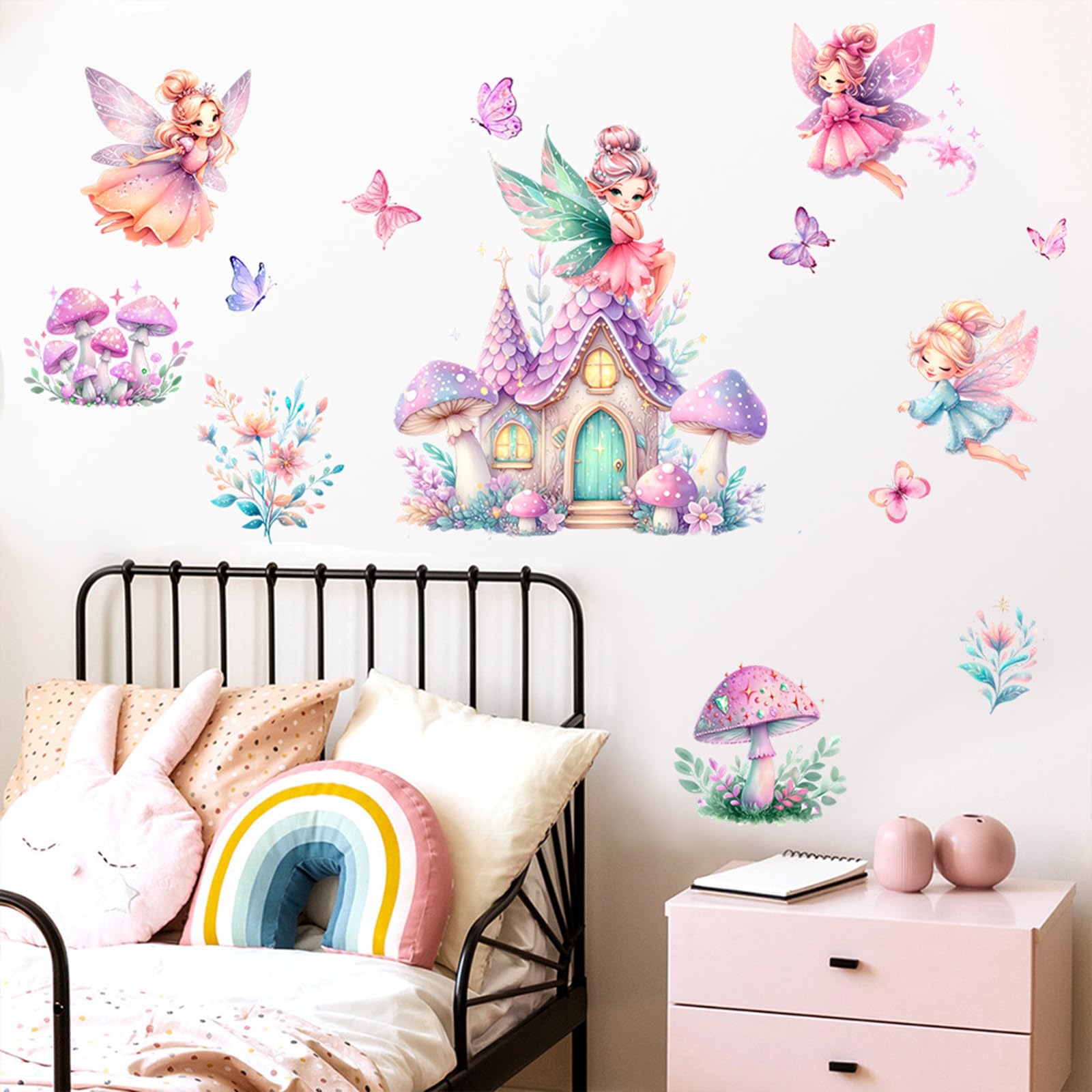 Fairy Garden Wall Stickers for Girls Bedroom, Removable Vinyl Decals with Pink & Purple Mushroom House and Butterflies - Image 2