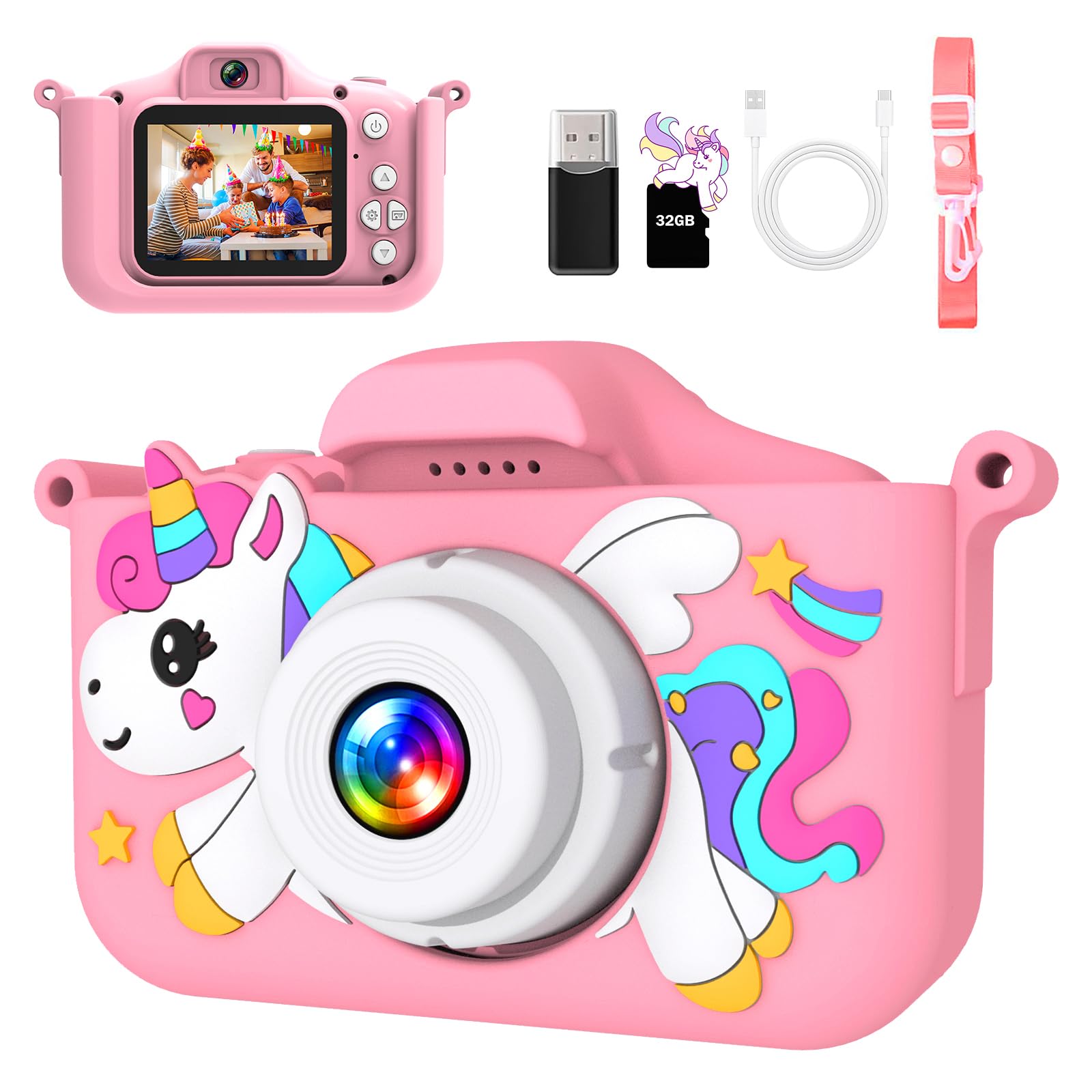 Macchina Fotografica Bambini, Schermo HD 1080P, Mini Ricaricabile Fotocamera Digitale con scheda TF da 32 GB, lettore di schede USB, Regali di compleanno e di Natale per Bambine dai 3 ai 12 Anni