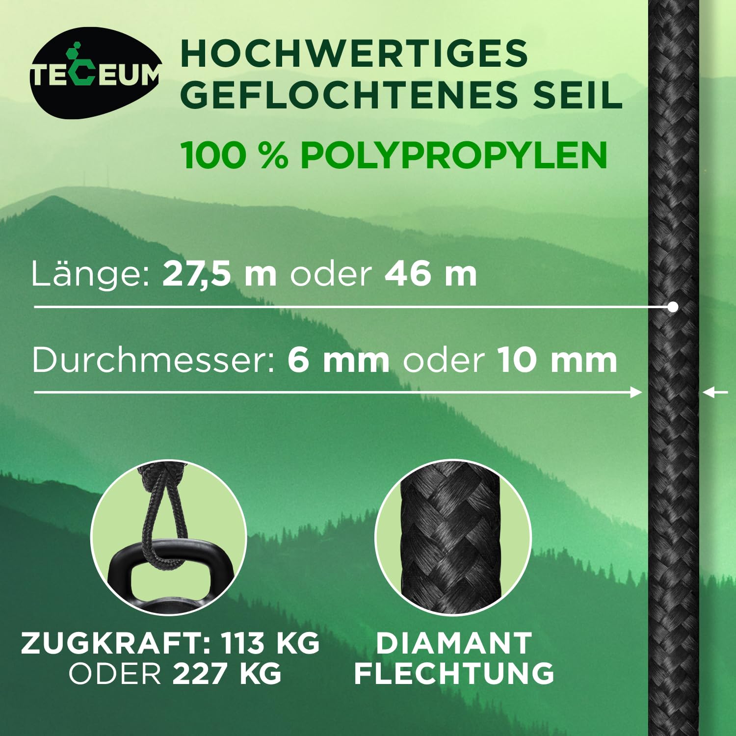TECEUM Seil – 46M x 7mm (1/4 Inch) – Schwarz - Starkes Allzweckseil - Camping, Basteln, Fahnenmast, drinnen und draußen - Polypropylen Nylon Poly Leichtgewicht Diamant geflochtene Schnur
