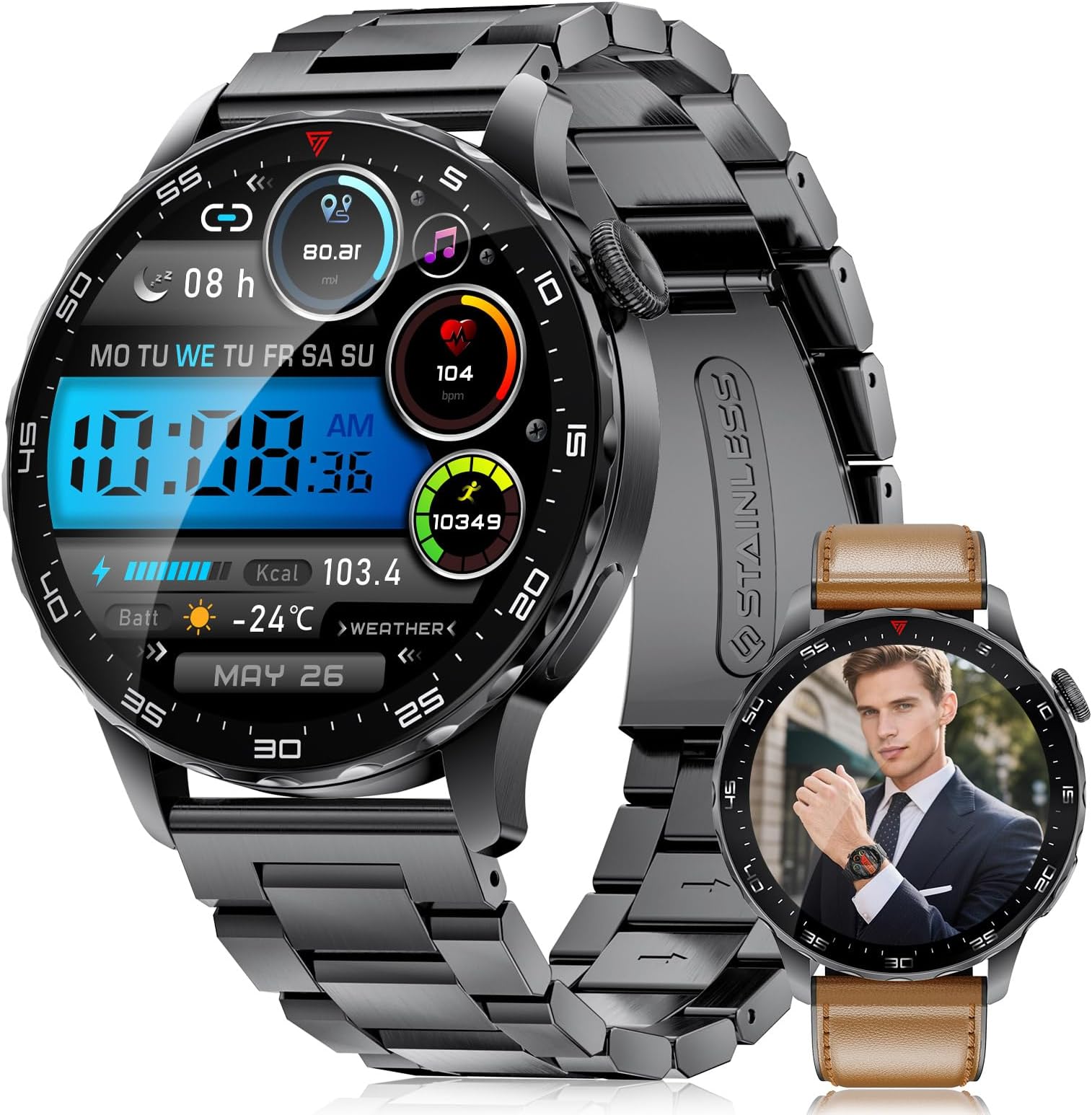 Smartwatch for Men Compatible Android iOS,Fitness Tracker Bluetooth Calling with 100+ Sports Modes,Heart Rate/Sleep Monitor,1.43" AMOLED Display Screen IP68 Waterproof,2 Bands Included 750mAh Battery