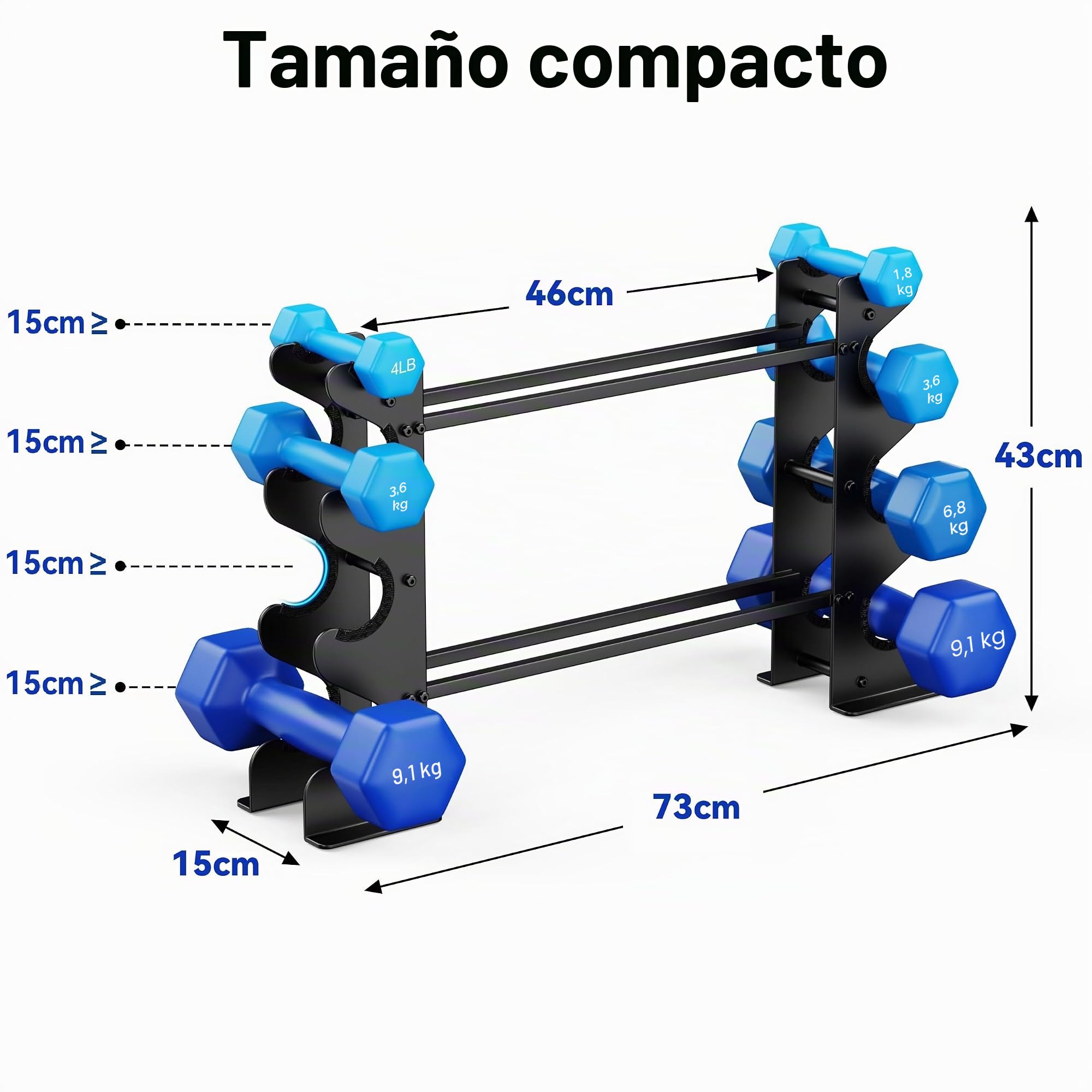 Soporte para mancuernas de 4 niveles para gimnasio en casa, estante compacto para mancuernas, pesas libres, estante de almacenamiento de acero resistente para neopreno y mancuernas hexagonales