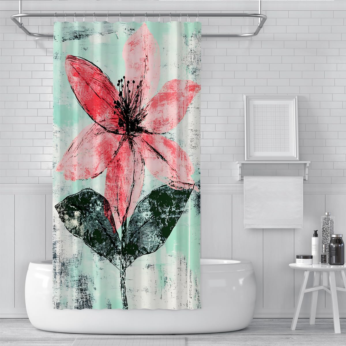 Rideau de Douche Fleuri Abstrait pour Salle de Bain, Ensemble de Rideaux de Bain en Tissu Graffiti Chic avec Crochets en Plastique, imperméable Lavable à séchage Rapide W180xL200 cm