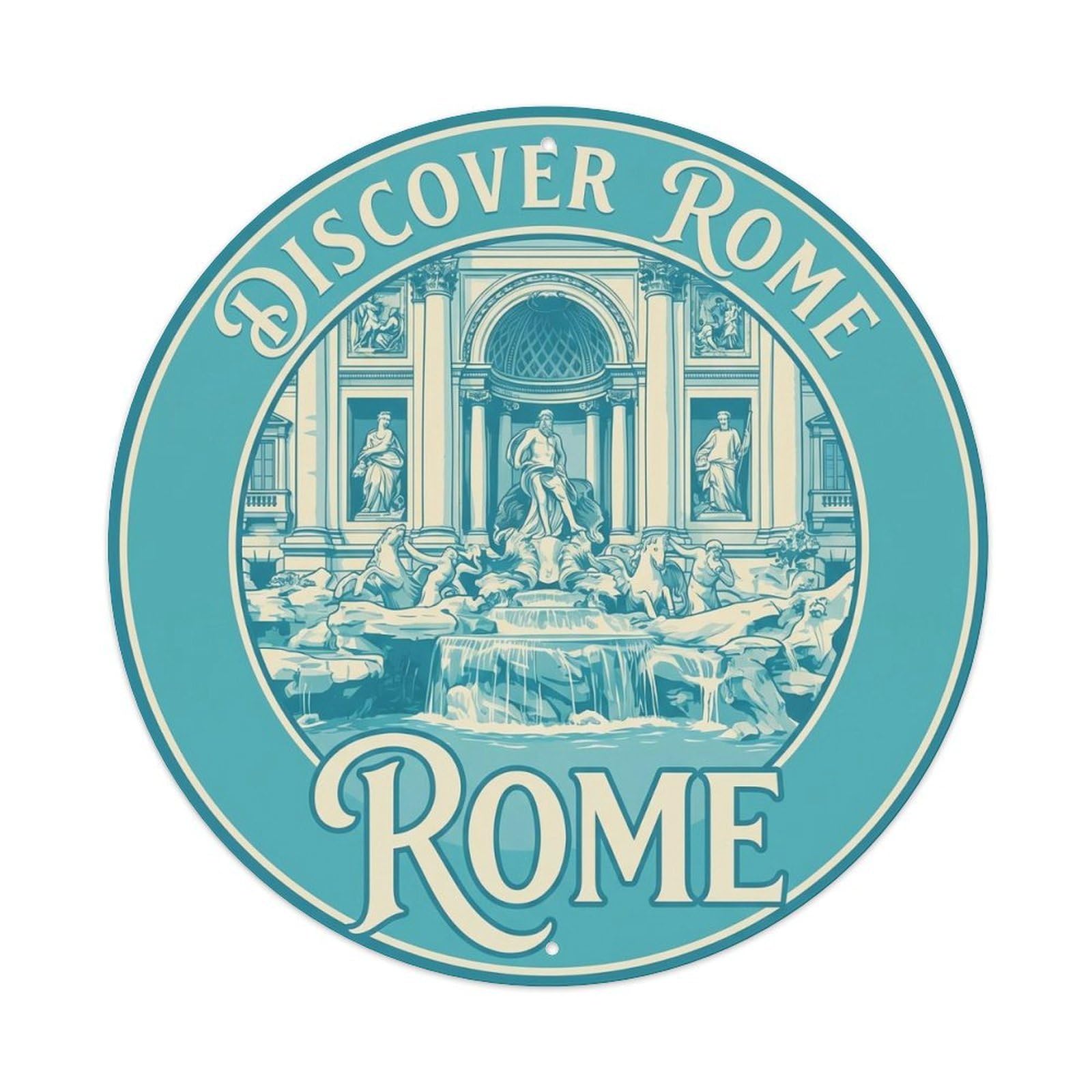 Rome Fountain Heritage Destination Scenery Landmark City Metal Tin Sign Plaque Wall Decor for Cafe, Man Cave, Club Bar, Office, Home Garden Round Metal Poster 8x8Inch