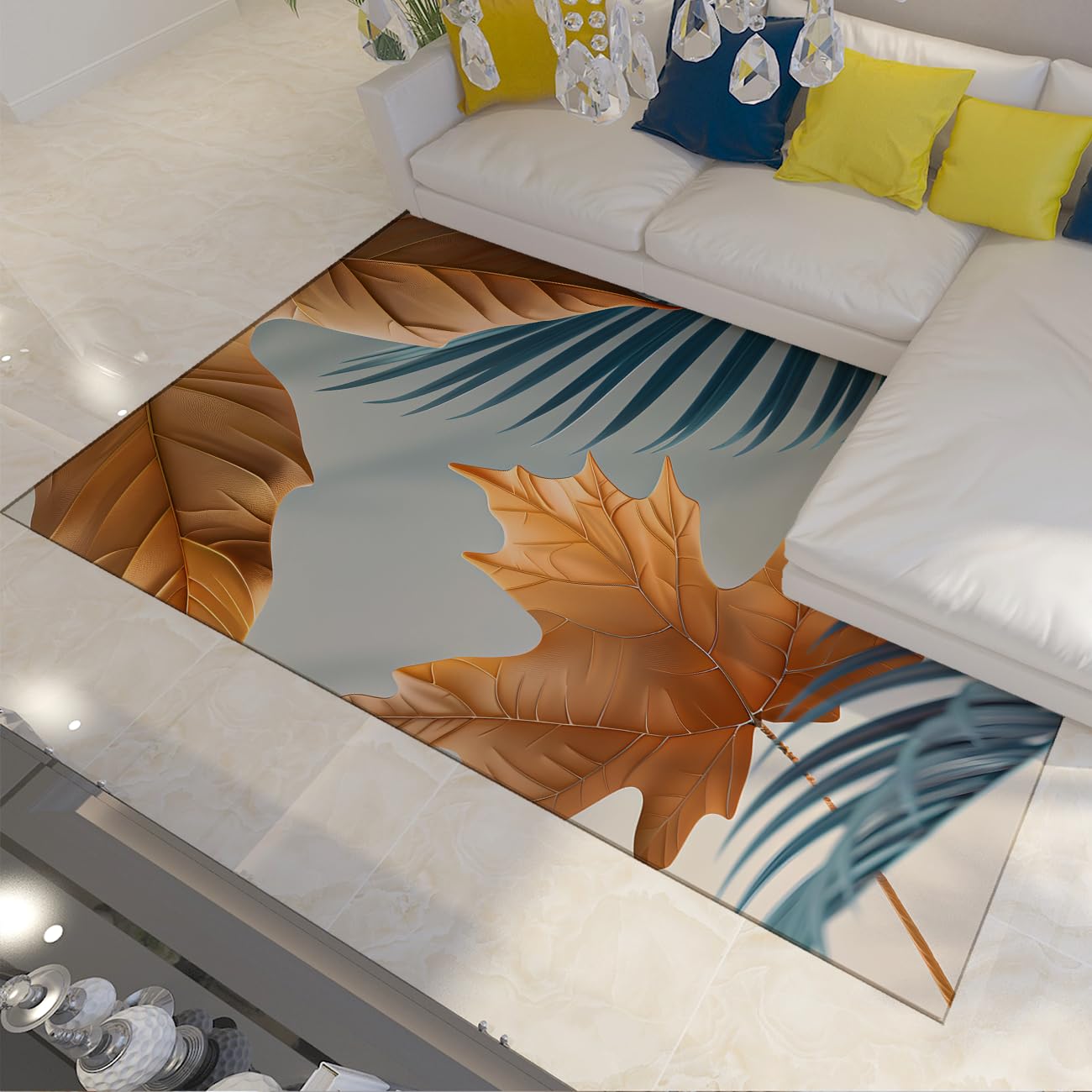Tapis de salon botanique 120x150cm lavable bleu et doré