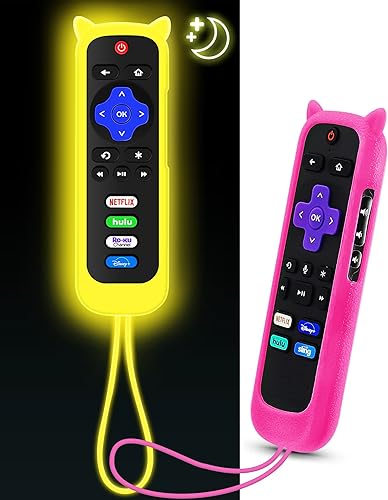 ONEBOM Paquete de 2 fundas para control remoto Roku con diseño de orejas de gato, funda de silicona compatible con HisenseTCL Roku TV, Steaming