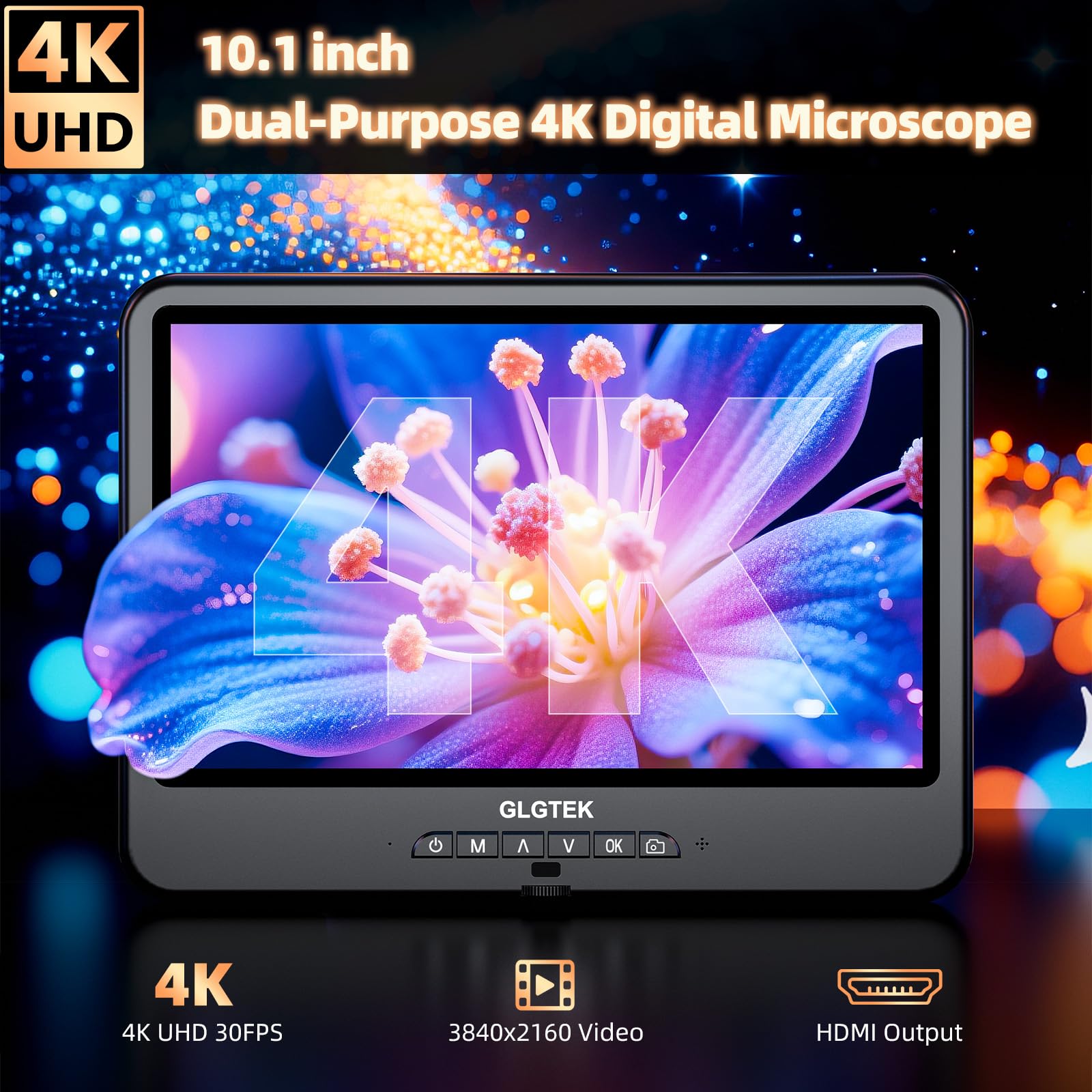 GLG208SE - Microscopio digital HDMI 4K 30FPS 1500X con micrófono para reparación electrónica, pantalla dual de 10.1 pulgadas, audio de video UHD 3840P para soldadura PCB, microscopio de monedas, vista