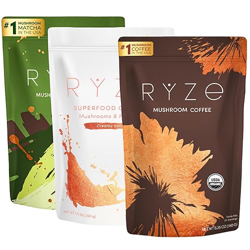 RYZE Ultimate Energy Bundle, USDA Organic Mushroom Coffee & Mushroom Matcha + Probiotic Creamer with 6 USA Grown Adaptogenic Mushrooms for Better Energy, Focus, Digestion, Immunity, 90 servings