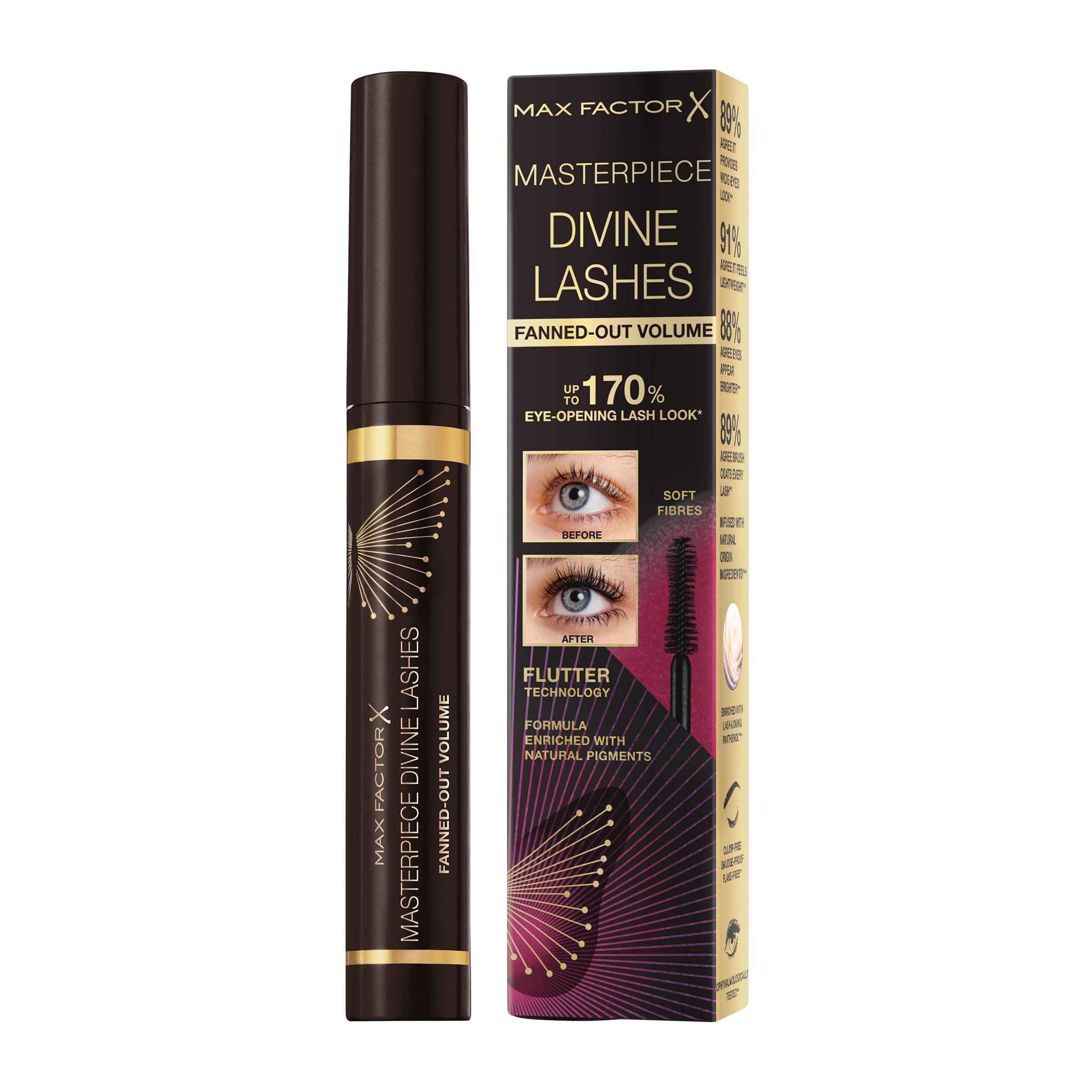 Max Factor Divine Lashes Mascara Black Brown 002, Ultimate Volume, Flutter Technology, 420-Fibre Silhouette Brush
