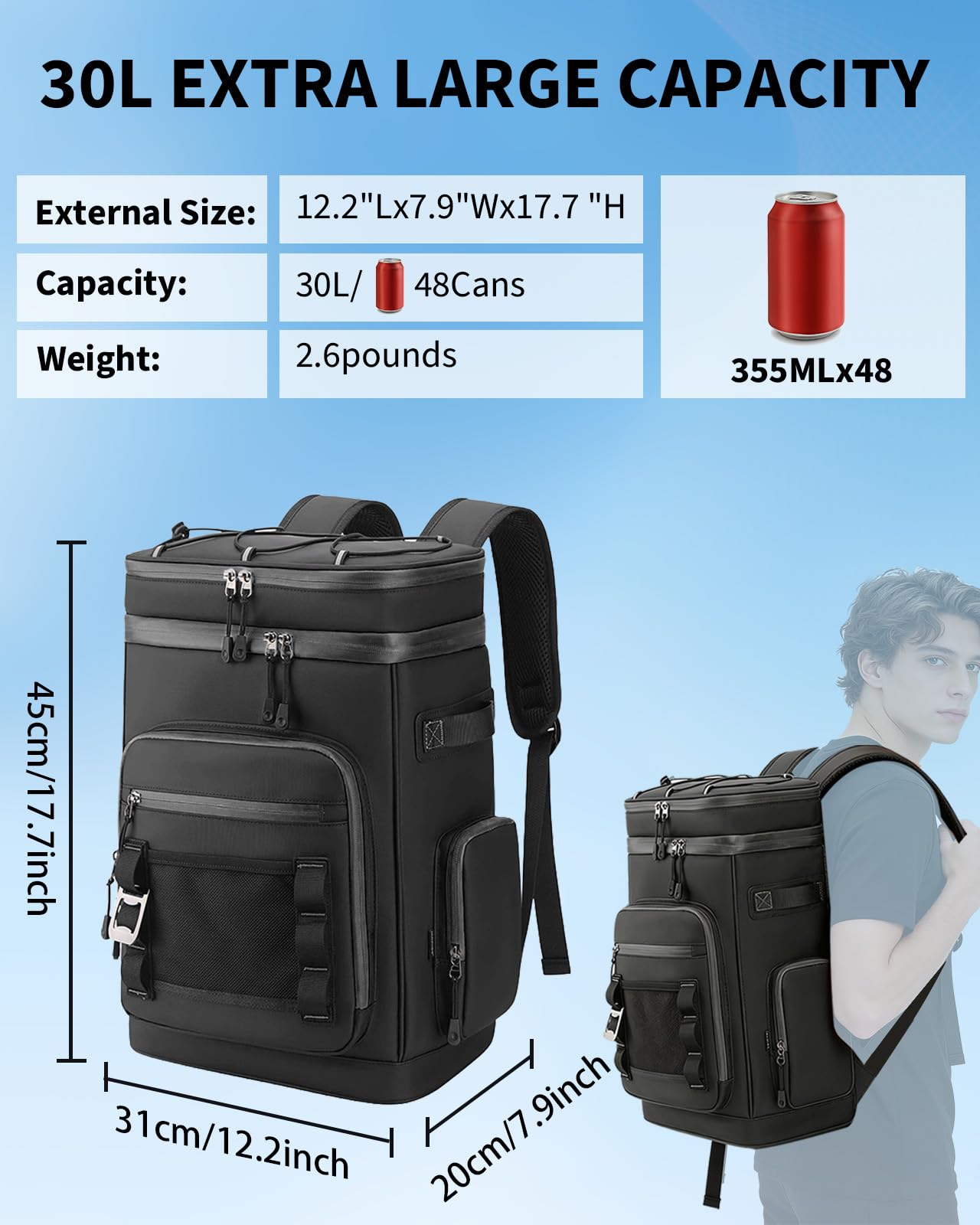 Sac à Dos Isotherme à Glacière 30L, Portable Sac Isotherme Repas Impermeable pour Travail, Camping, Nique, Plage, BBQ, Camping, Randonnée - Noir