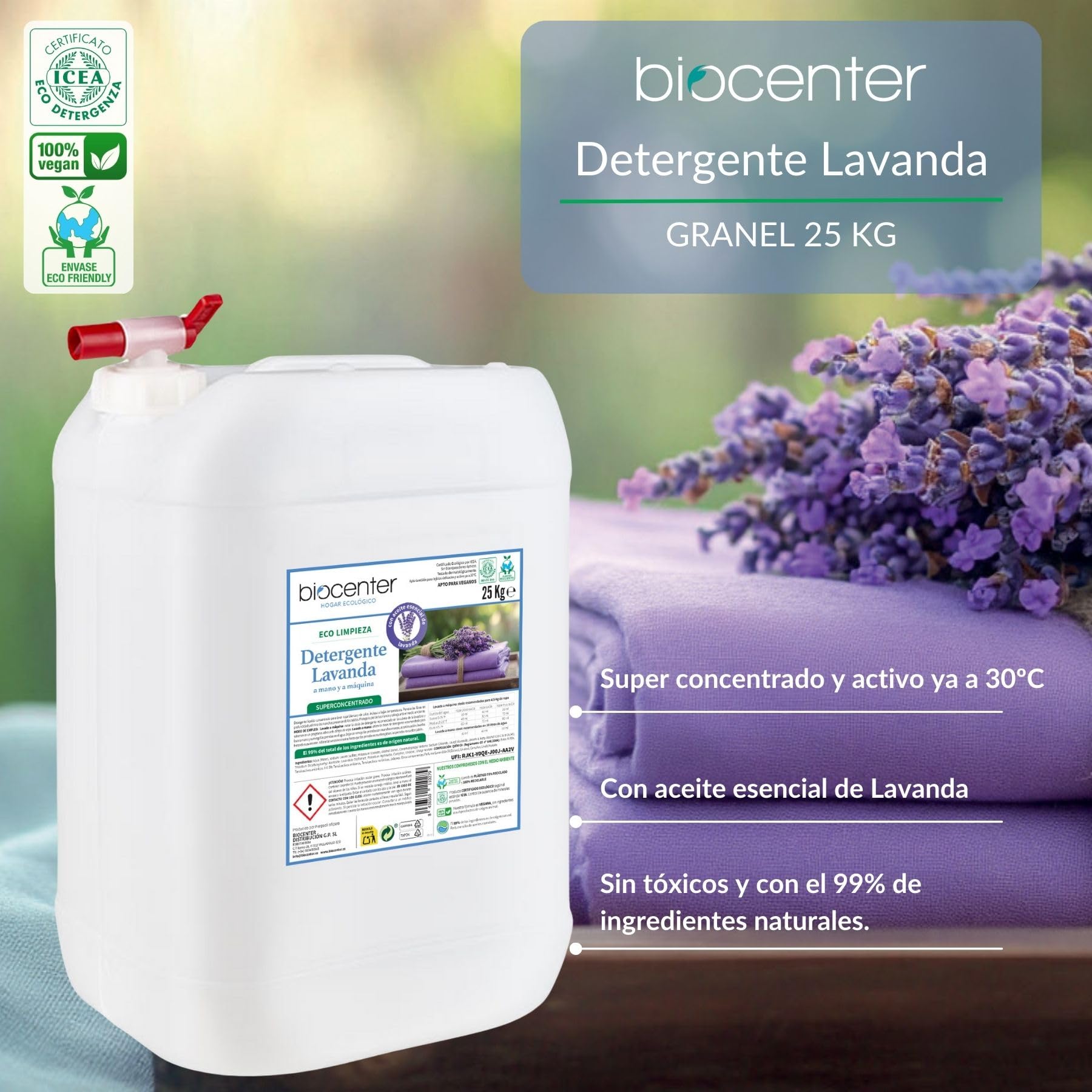 BIOCENTER - Detergente ecológico para Ropa - LAVANDA - Formato a granel de 25 Kg con grifo