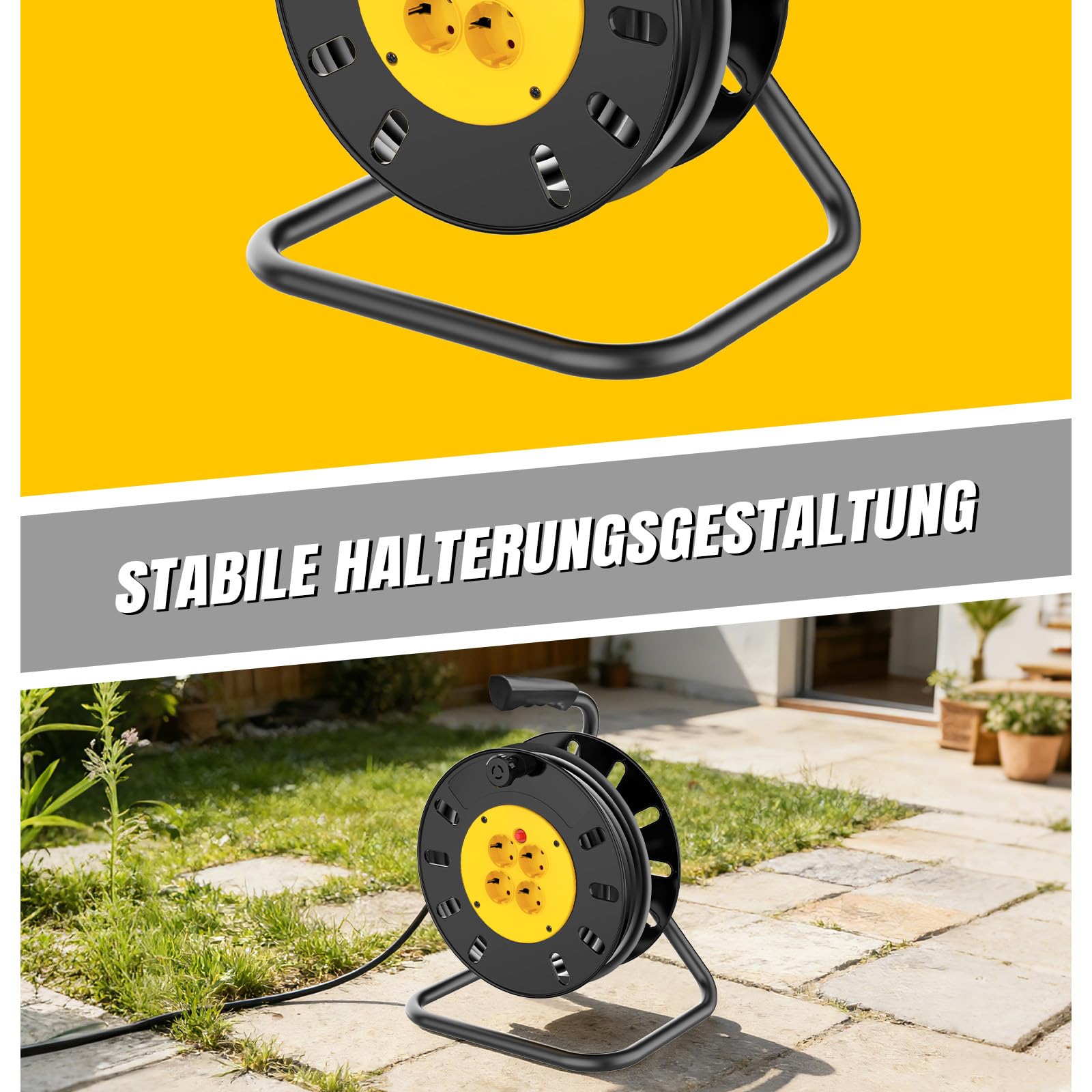 Kabeltrommel Verlängerungskabel 50m, Outdoor Steckdose mit 4 Steckdosen, Automatik Kabeltrommel Verlängerung, Werkstatt Kabelaufroller, Thermoschalter und Kabelhalter, Verlängerungskabel außen
