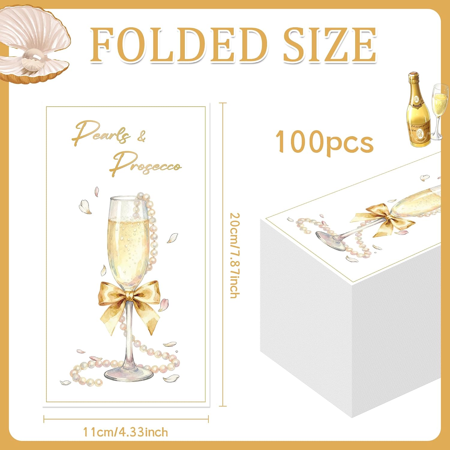 Pearls Prosecco Party Decorations - 100 Pcs Pearl Bridal Shower Paper Disposable Napkins Bride to Be Champagne Dinner Guest Supplies Decor Set for Wedding Engagement Bachelorette 7.9 x 4.3 In