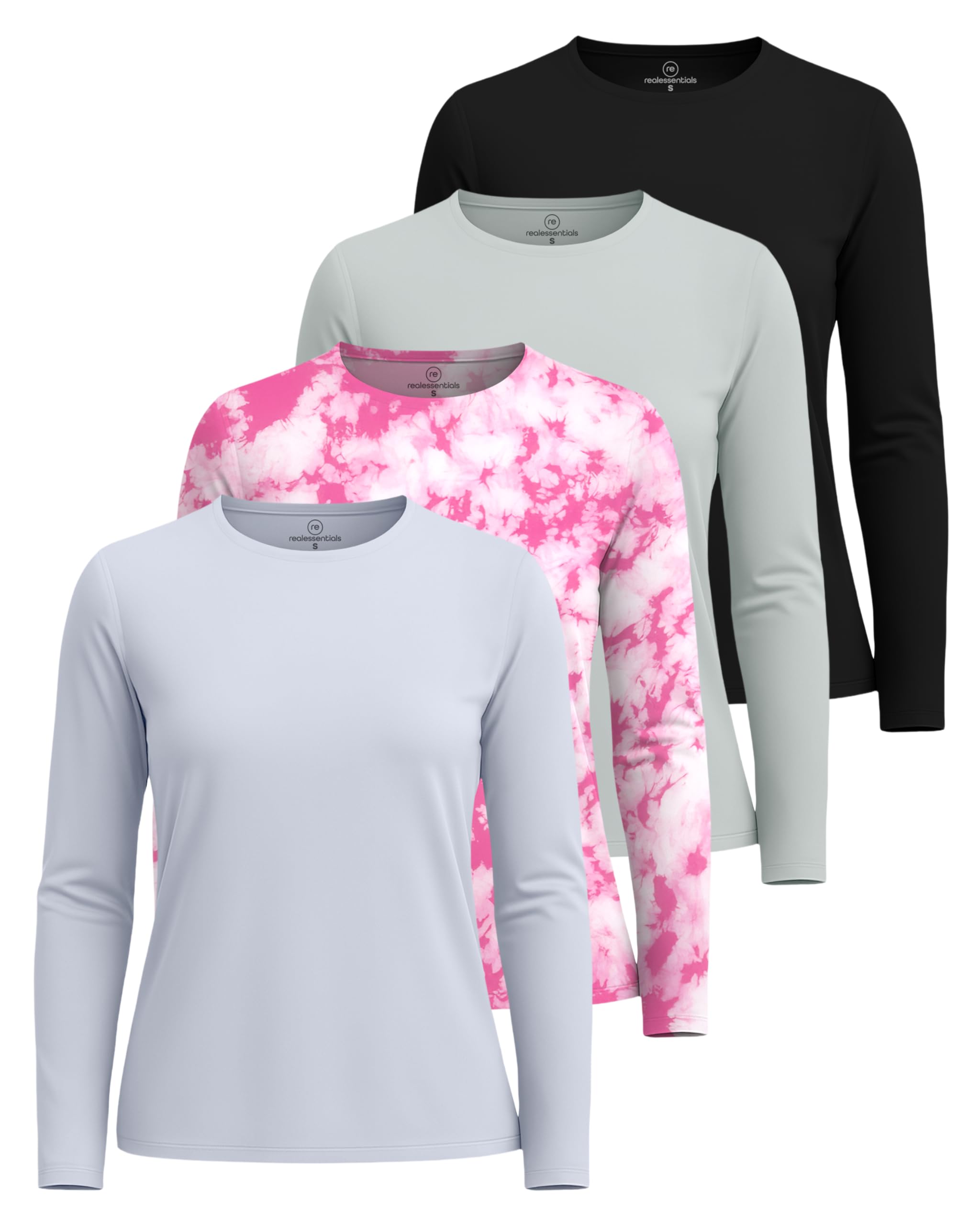 Real Essentials 4 Pack: Women's UPF 50+ Quick Dry Fit Sun Shirts Long Sleeve UV SPF Hiking Top Outdoor (Available in Plus)