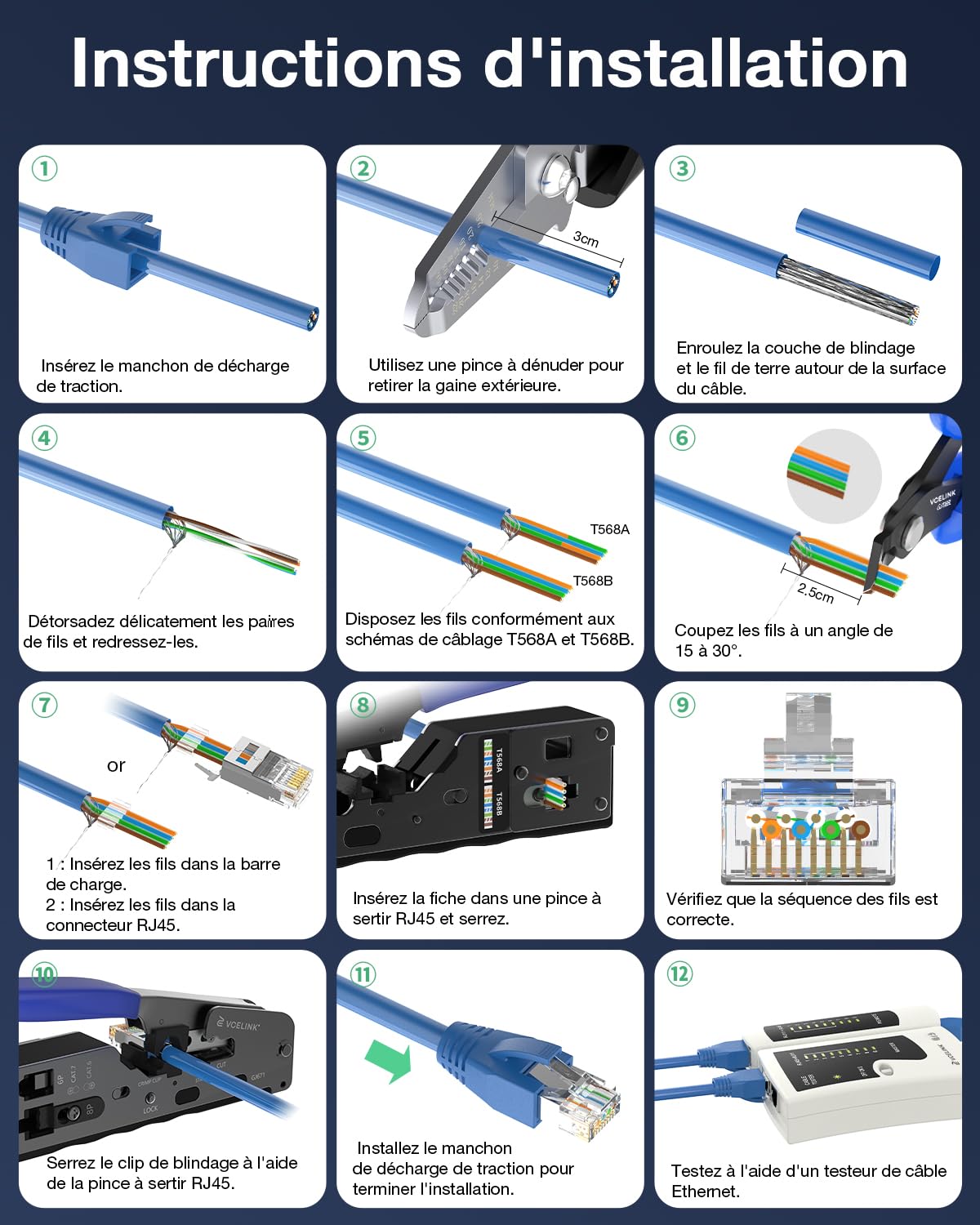 Faconet Lot de 10 fiches réseau RJ45 à sertir CAT 6 STP avec aide à l'enfilage et protection anti-torsion blindée en noir - Connecteurs à sertir LAN