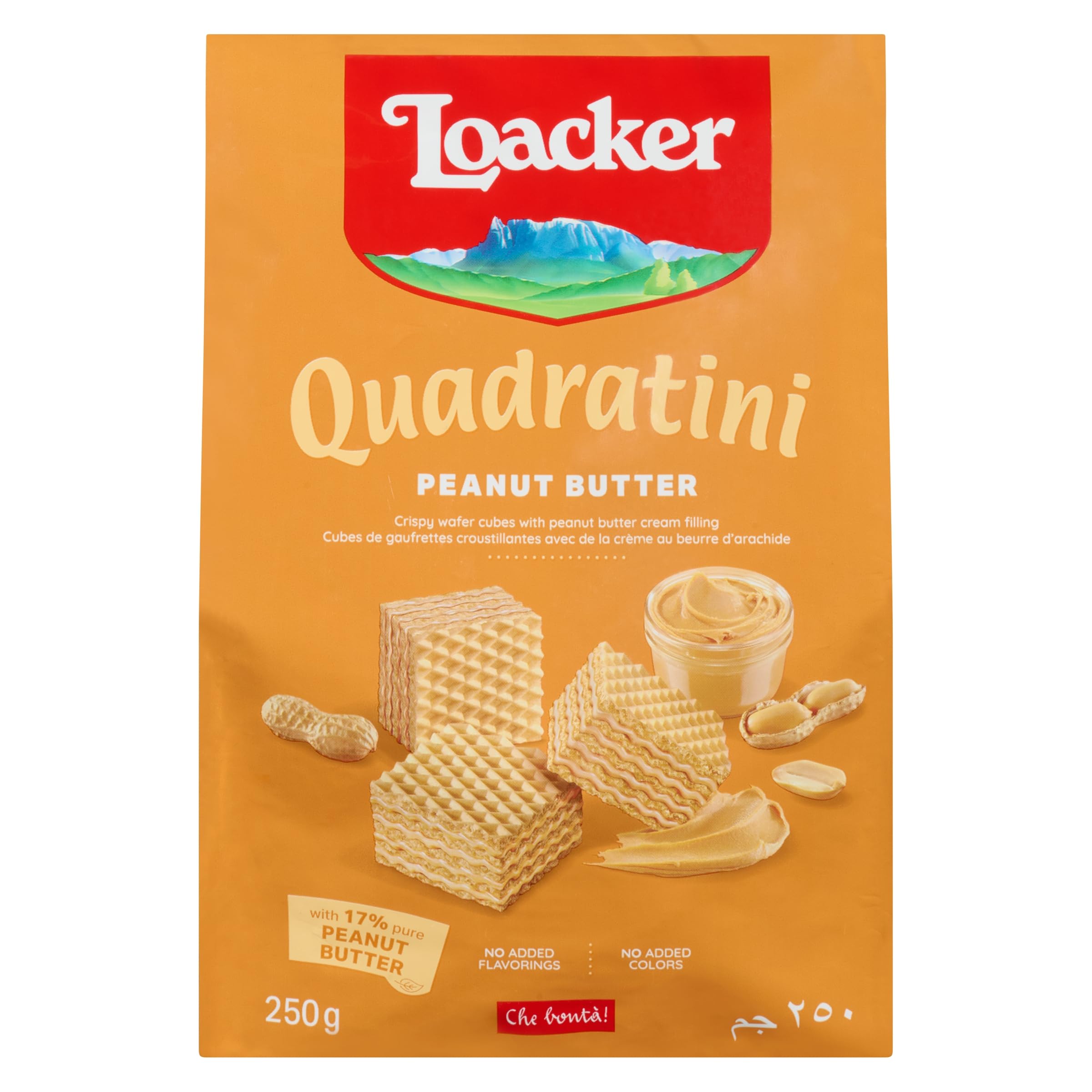 Loacker Quadratini Peanut Butter bite-size Wafer Cookies - 30% Less Sugar - Premium Crispy Wafers with Peanut Butter cream filling - great for snacks & desserts- Non GMO - LARGE Snack Bag 250g/8.82oz