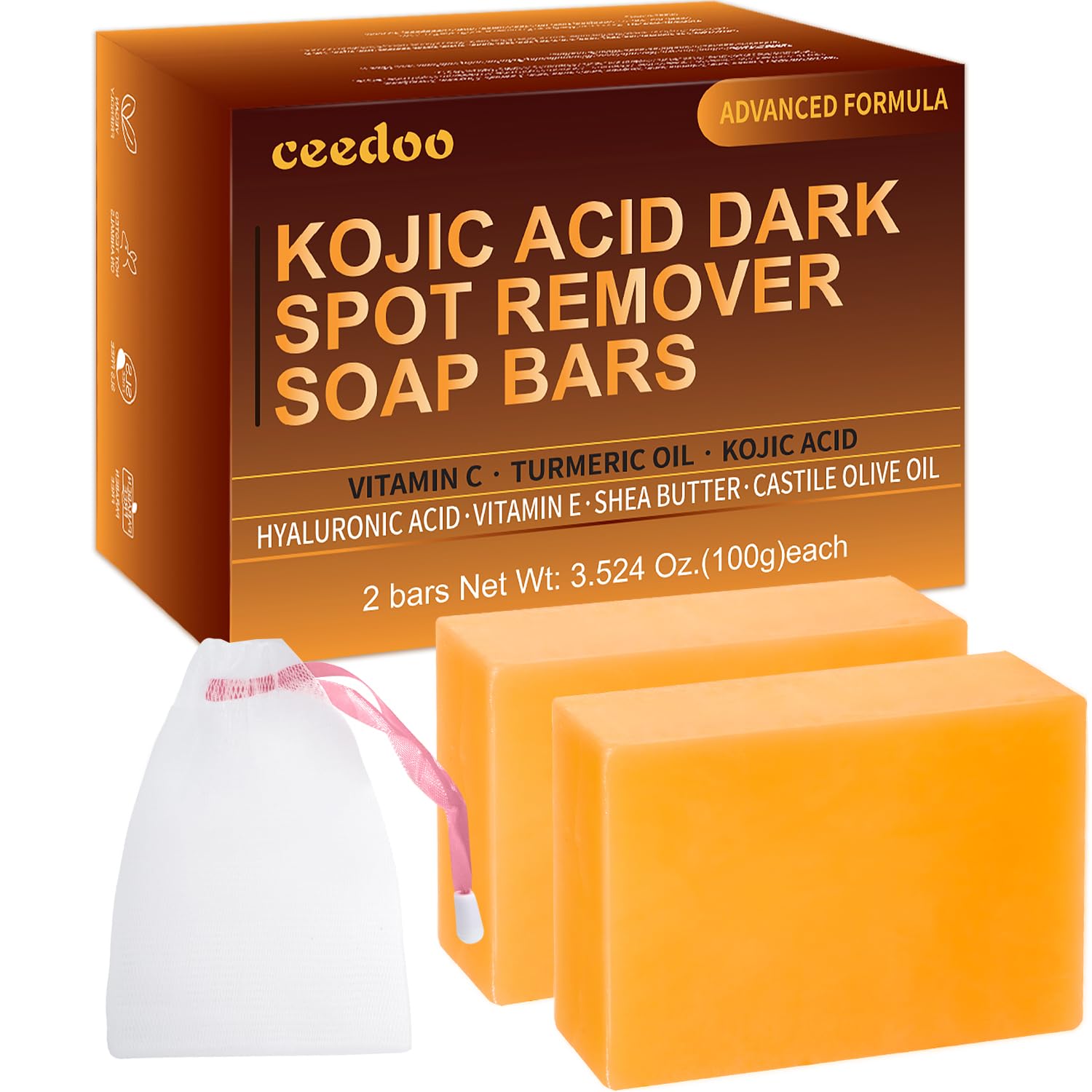 ceedoo Kojic Acid Soap for Dark Spot Remover Bars with Turmeric, Vitamin C, Retinol, Collagen with Hyaluronic Acid, Vitamin E, Shea Butter, Castile