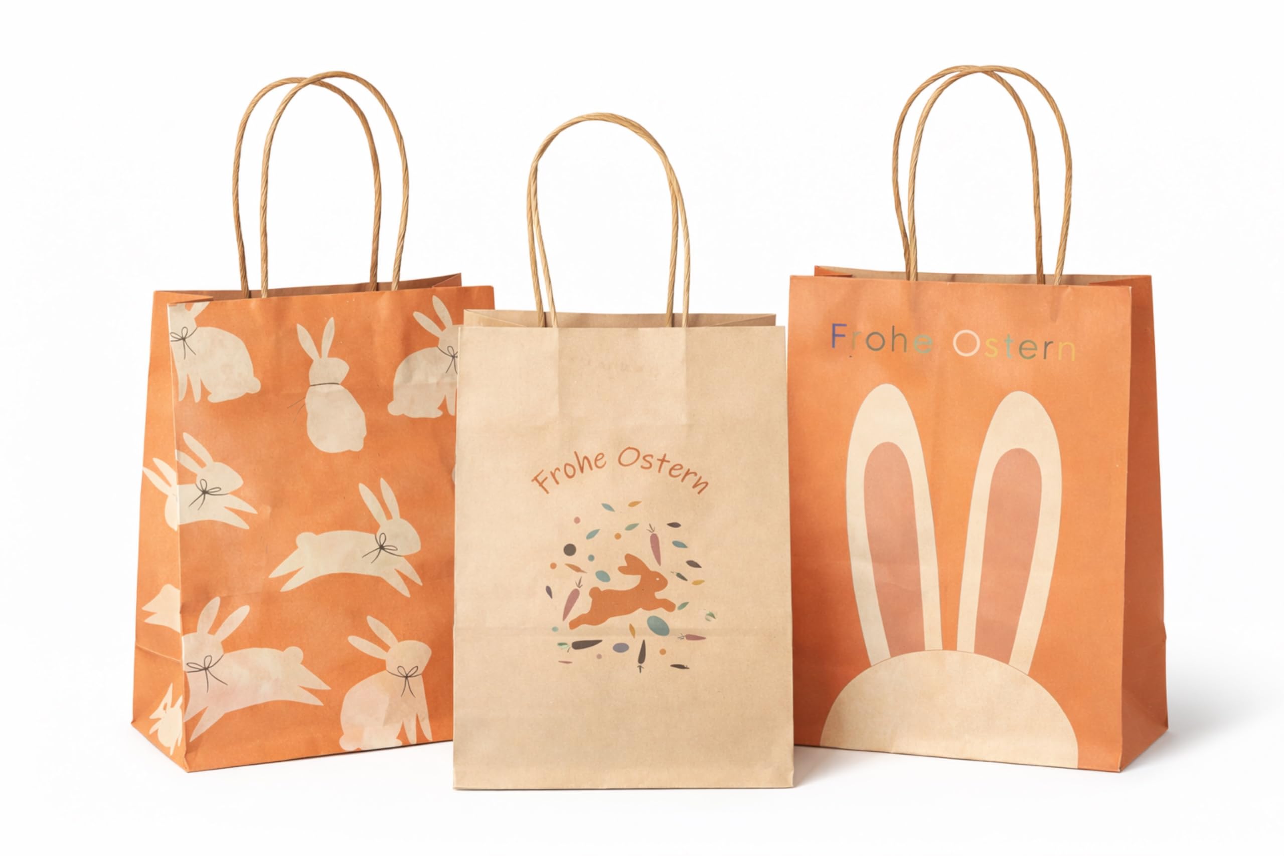 Geschenktüten Ostern 5er Set - 3 Designs, stabile Papiertüten für kleine & mittelgroße Ostergeschenke – wiederverwendbare Geschenkverpackung aus Kraftpapier, mit Henkel, braun, für Familie & Freunde