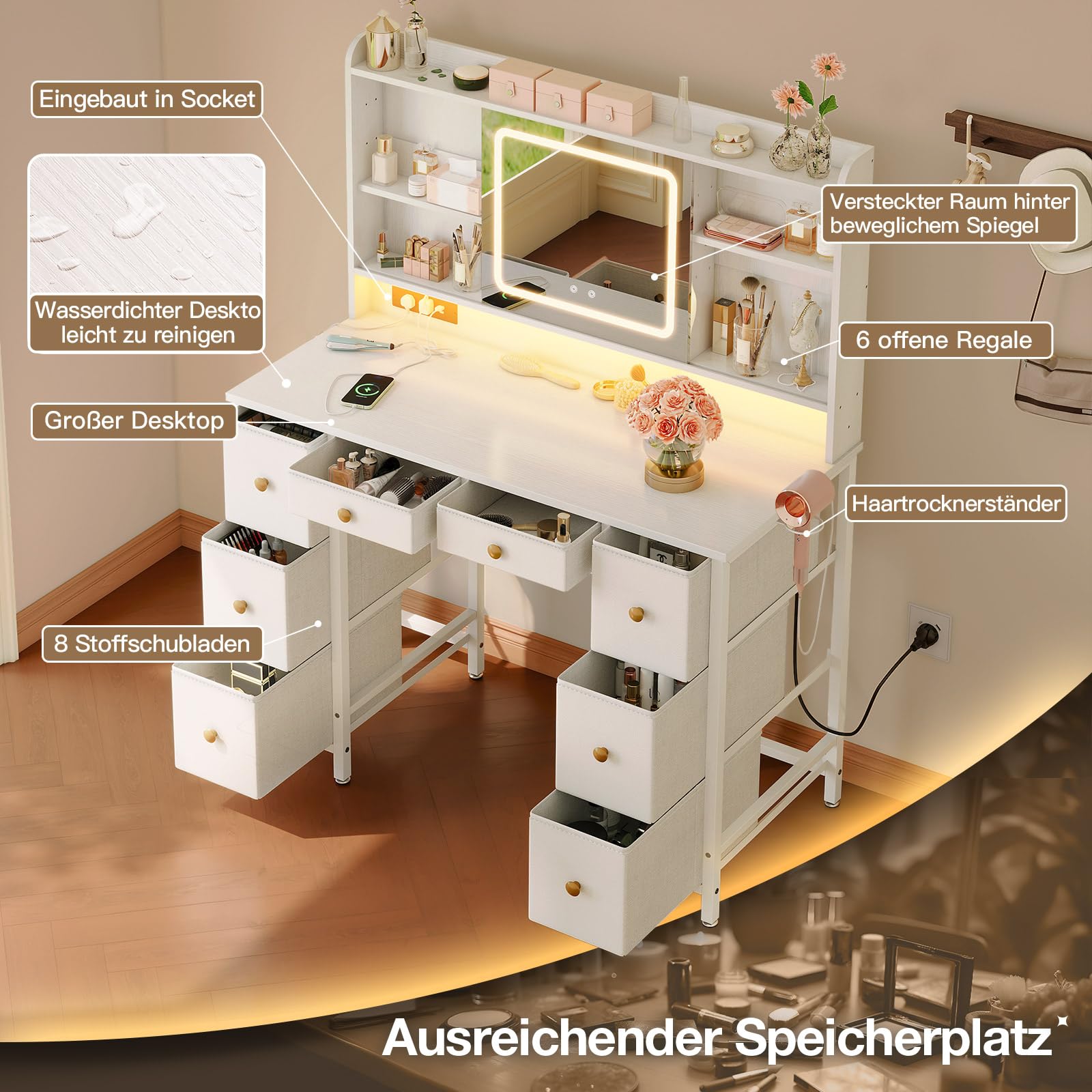 ODK Schminktisch mit Bewegbarem LED-Spiegel, Eingebauten USB-Steckdosen & RGB-Lichtleiste, 8 Schubladen, Weißer Schminktisch 110×40×137cm
