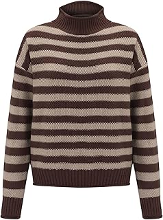 Suéter con patrón de corazón para mujer, retro, a rayas, contraste, cuello alto, color naranja y blanco, suéter de punto holgado, casual, ropa de mujer