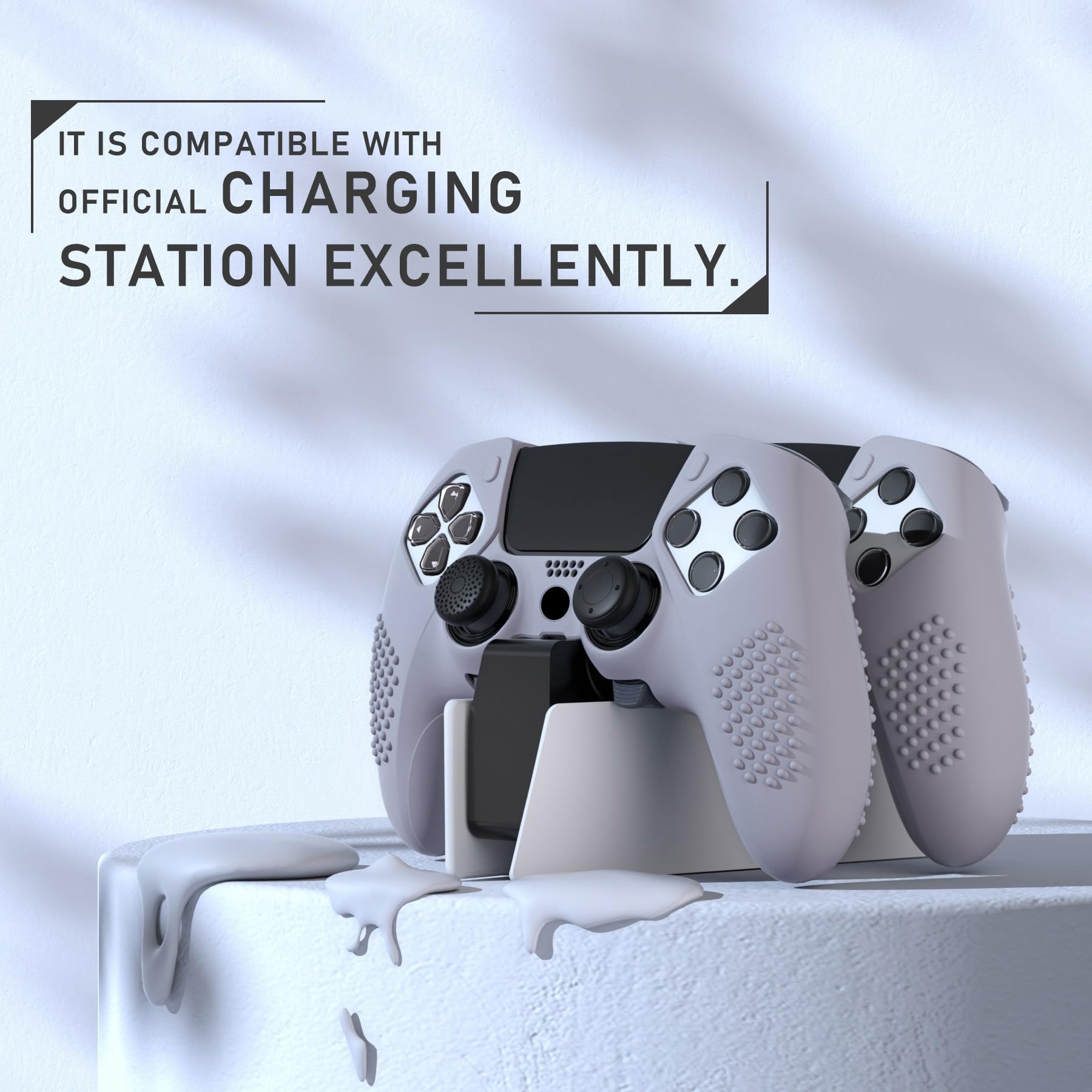 PlayVital Funda de Silicona Antideslizante para ps5 Edge - Carcasa Protectora con 6 Tapas de Joysticks, Cubierta de Goma Tacto Suave, Protector de Mando, Diseño 3D Tachonado (Gris Metálico) — view 2