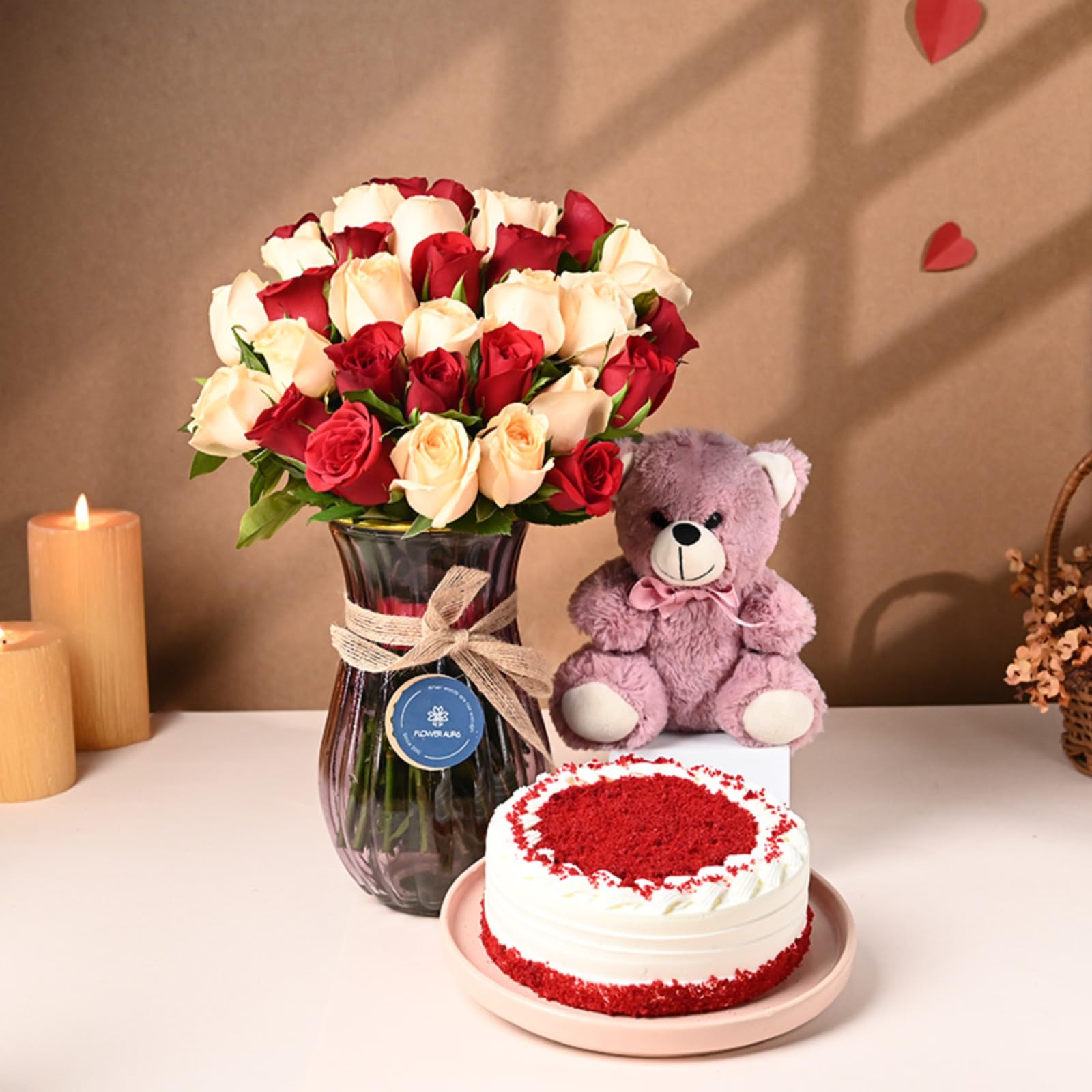 FlowerAura Love Bouquet of Fresh Live 30 Mix Roses, 500g Red Velvet Cake & Teddy For Birthday & Anniversary Gift, Valentine's Day Gift For Boyfriend, Girlfriend, Wife & Husband (Same Day Delivery)-image-9