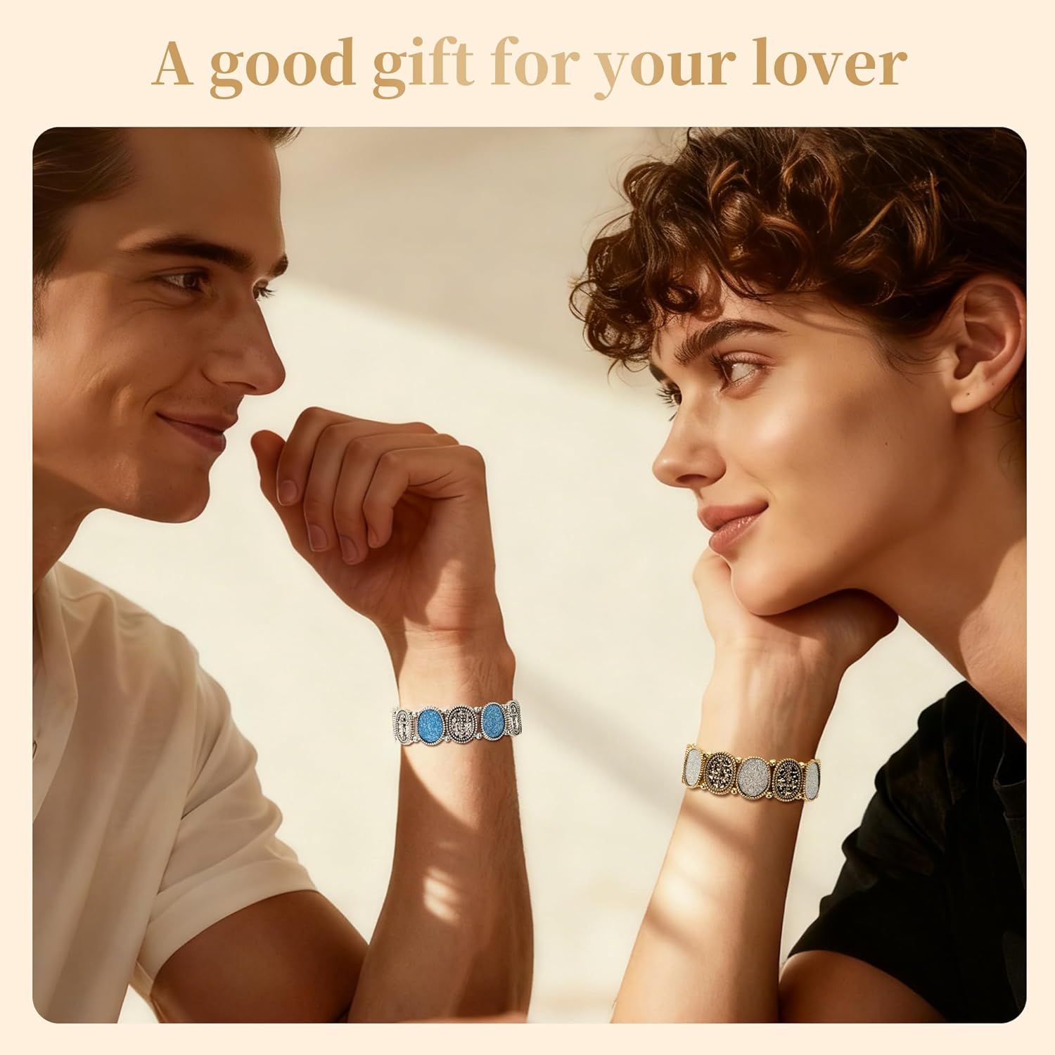 Vintage Bracelet for Women, Carved Silver/Gold Stretch Wristband with Blue/Silver Sparkle, Unique Boho Gifts For Men Women