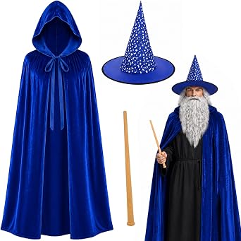 4 Pcs Halloween Wizard Costume Wizard Hat,Velvet Cape,Wig Beard and Wand for Men Women Party Dress Up