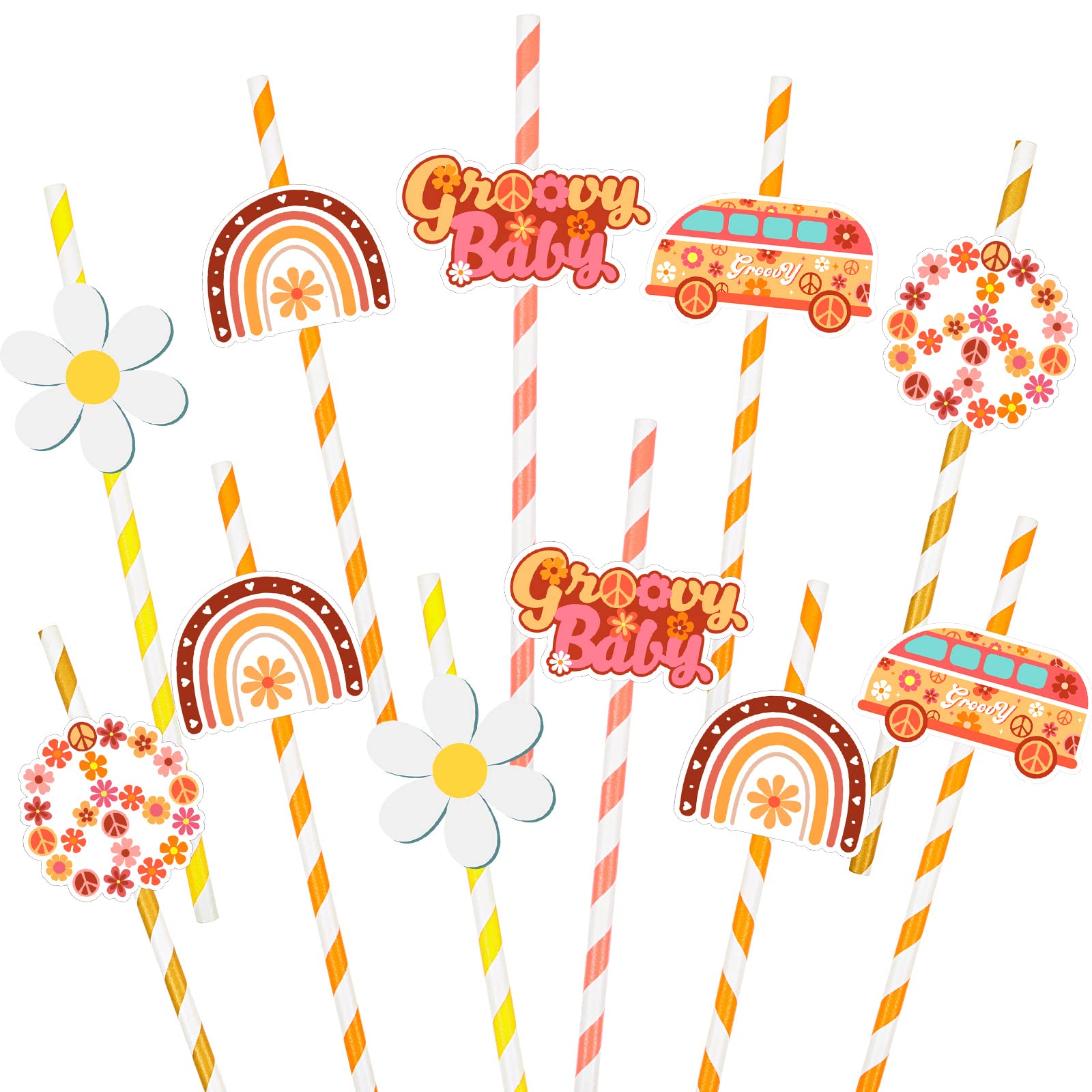 60 Pcs Two Groovy Baby Shower Decorations Groovy Straws Boho Paper Straw Decor Groovy Hippie Boho Daisy Flower Paper Straws for Groovy Theme Party Decorations Groovy Baby Shower Decorations