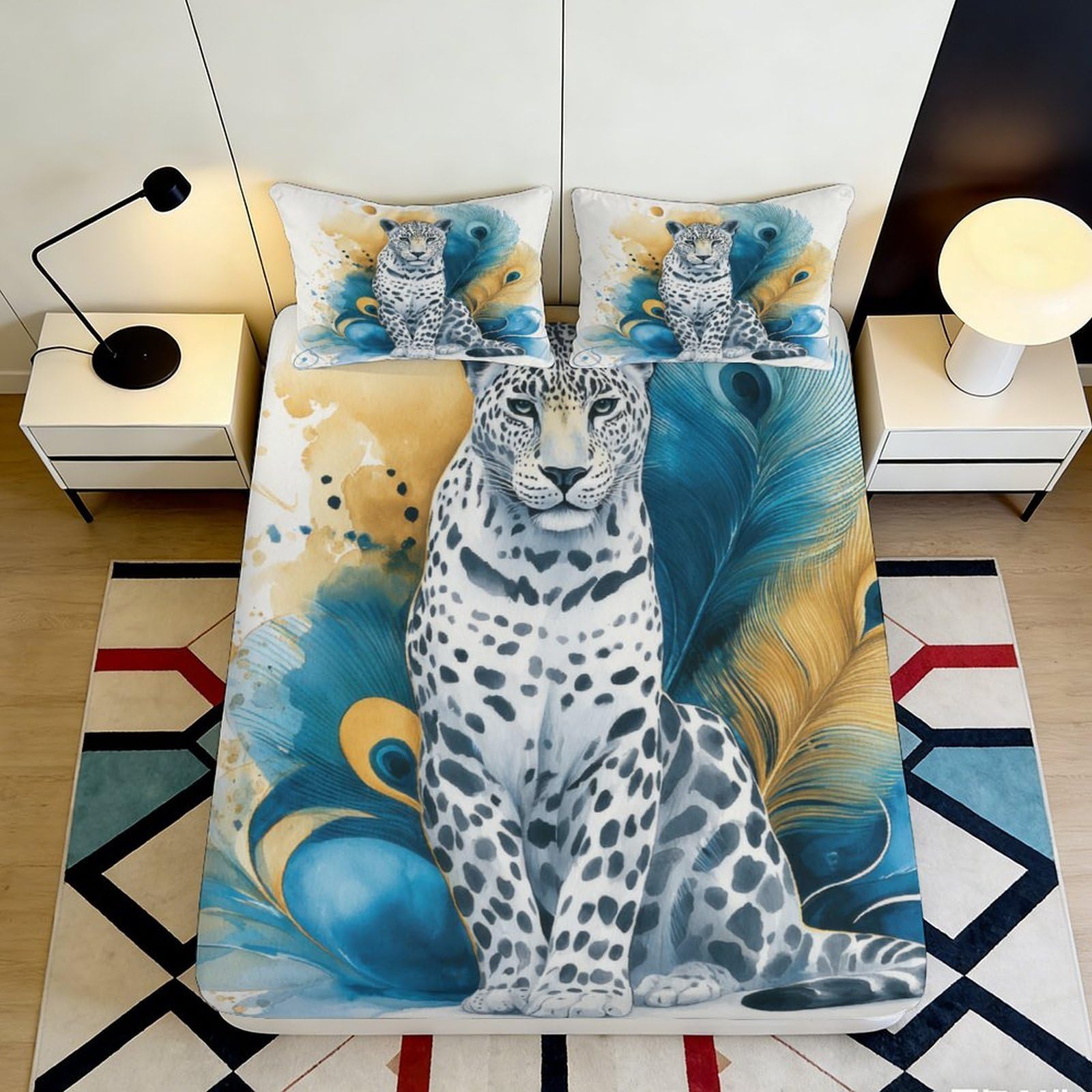 3D Printed Leopard Peacock Feather Fitted Sheet Microfiber Soft Breathable Abstract Bed Cover for Bedroom Dormitory Guest Room Mattress Protection 180x200x25cm