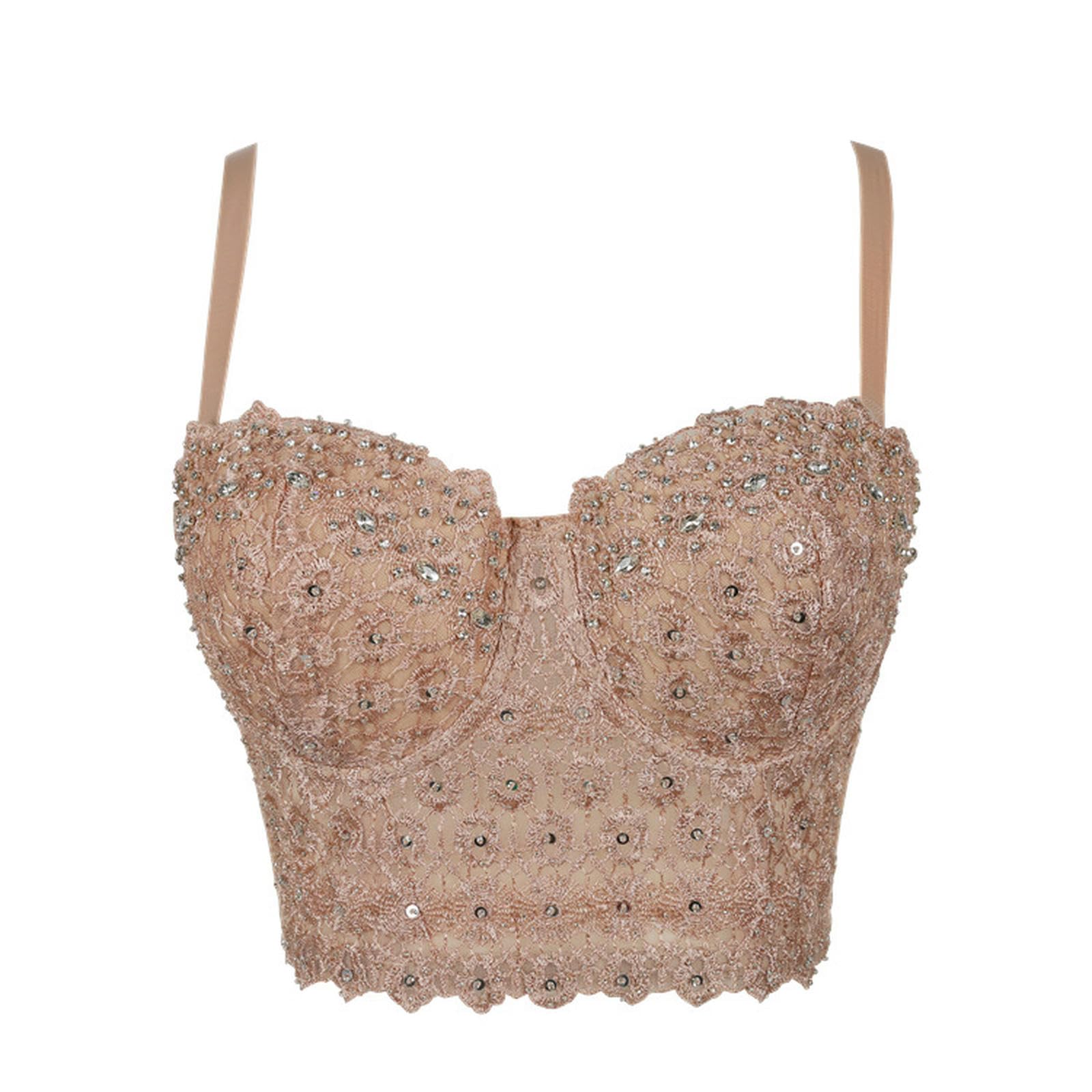 Reggicalze Europei e Americani, Ricami in Pizzo, Seni avvolti in Diamanti Luminosi, Reggiseno a Lisca di Pesce, Gilet Piccolo - Nero e Argento - 40C/L
