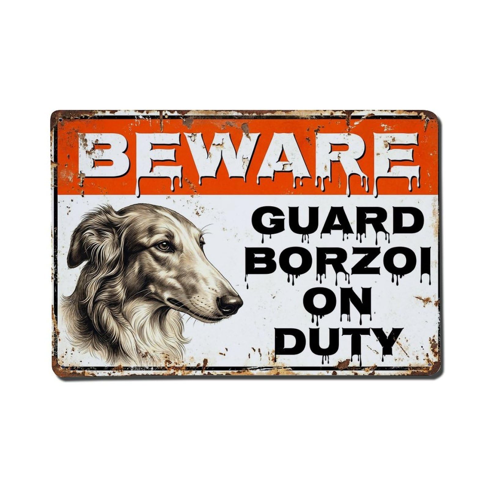 Vintage Funny Borzoi Guard Beware of Dog Passage Metal Tin Sign Plaque Wall Decor for Cafe, Club Bar, Office, Garden Metal Poster 8x12Inch